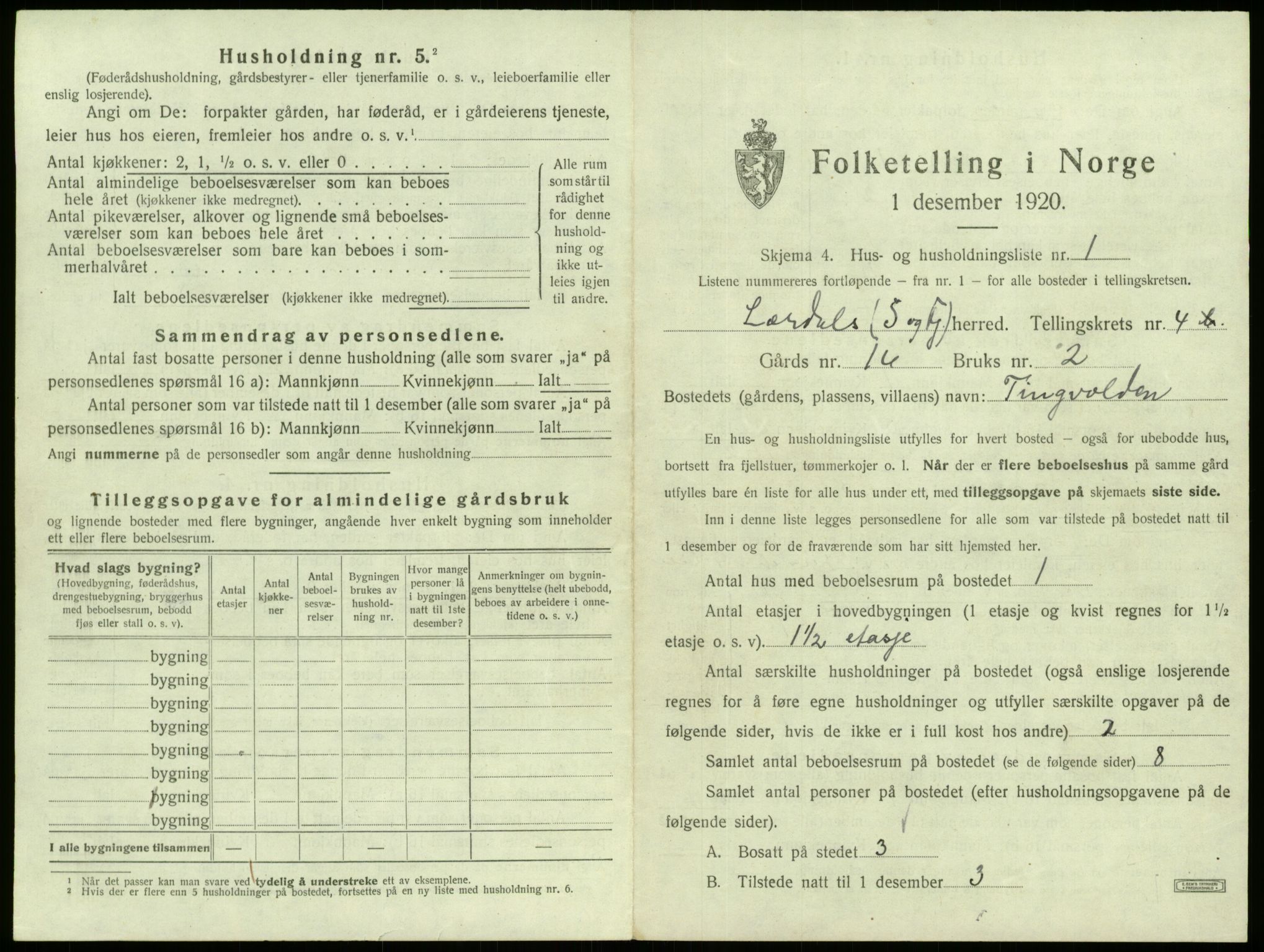 SAB, 1920 census for Lærdal, 1920, p. 314