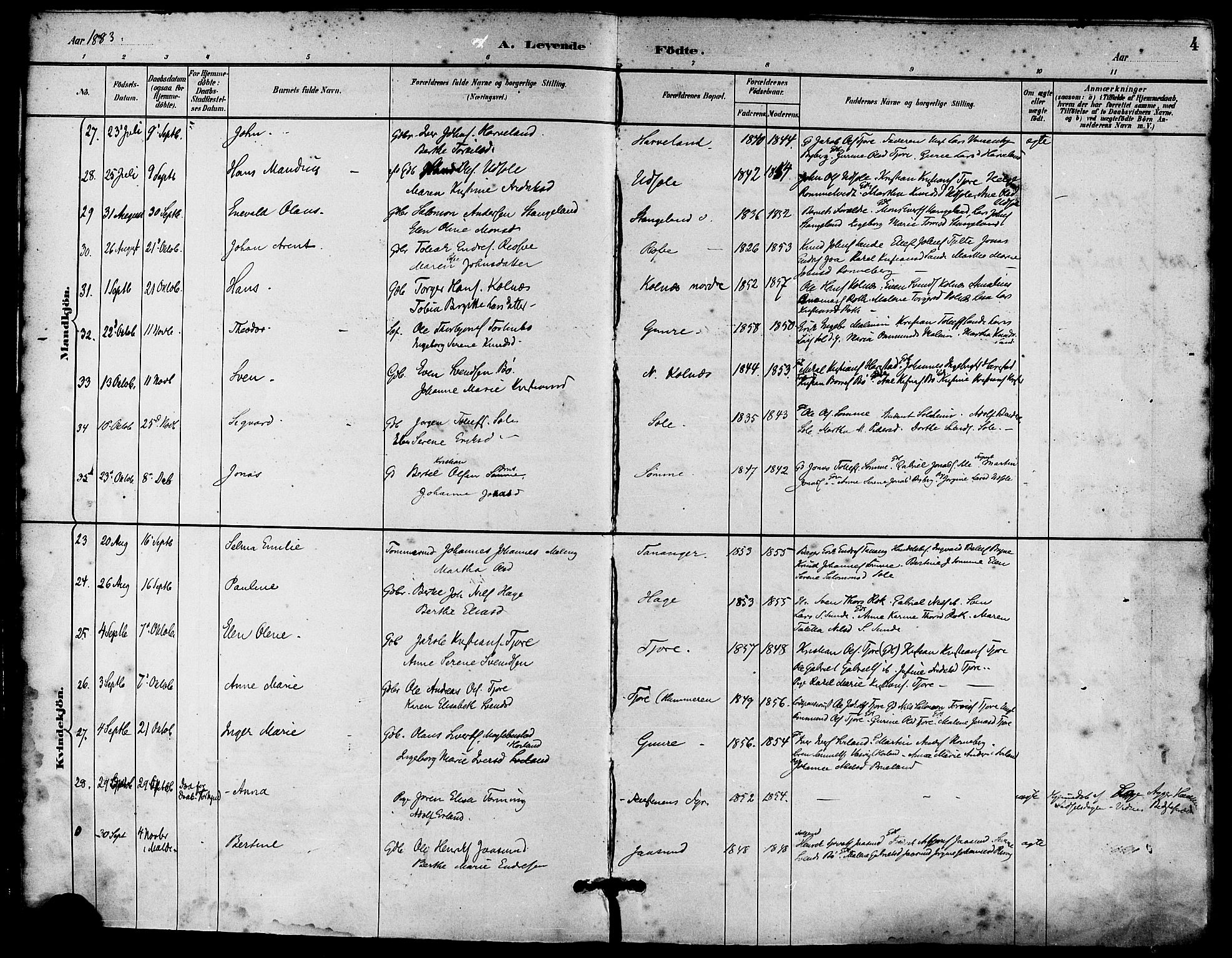 Håland sokneprestkontor, AV/SAST-A-101802/001/30BA/L0010: Parish register (official) no. A 9, 1883-1888, p. 4