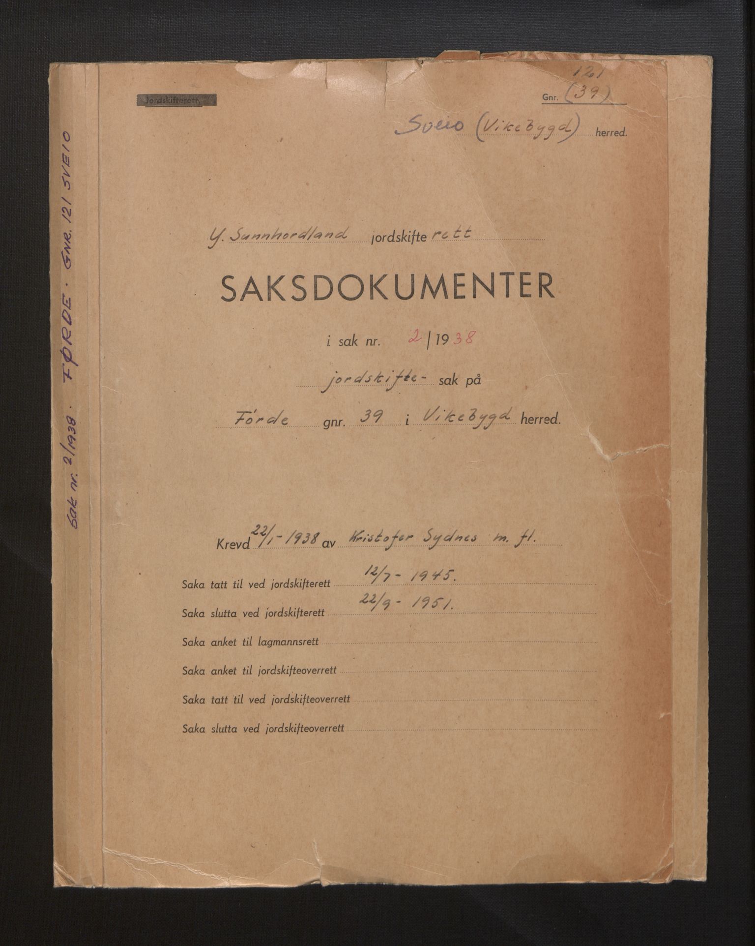 Hordaland jordskiftedøme - VI Sunnhordland jordskiftedistrikt, SAB/A-7301/B/Be/L0014: Sveio gnr.  121-122, 1938-1951, p. 1