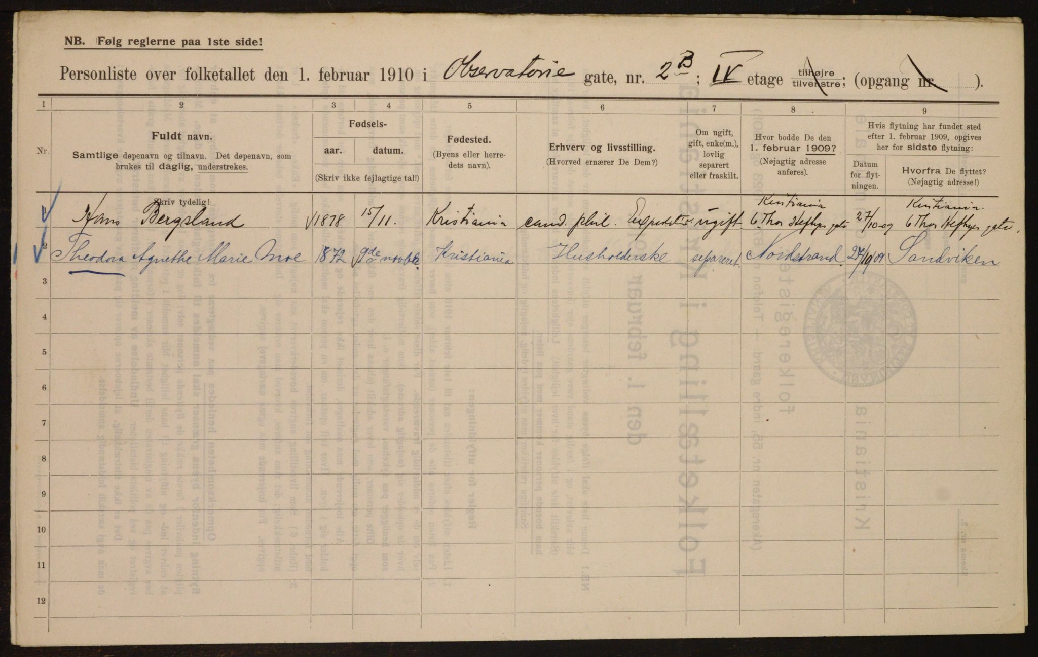 OBA, Municipal Census 1910 for Kristiania, 1910, p. 71598