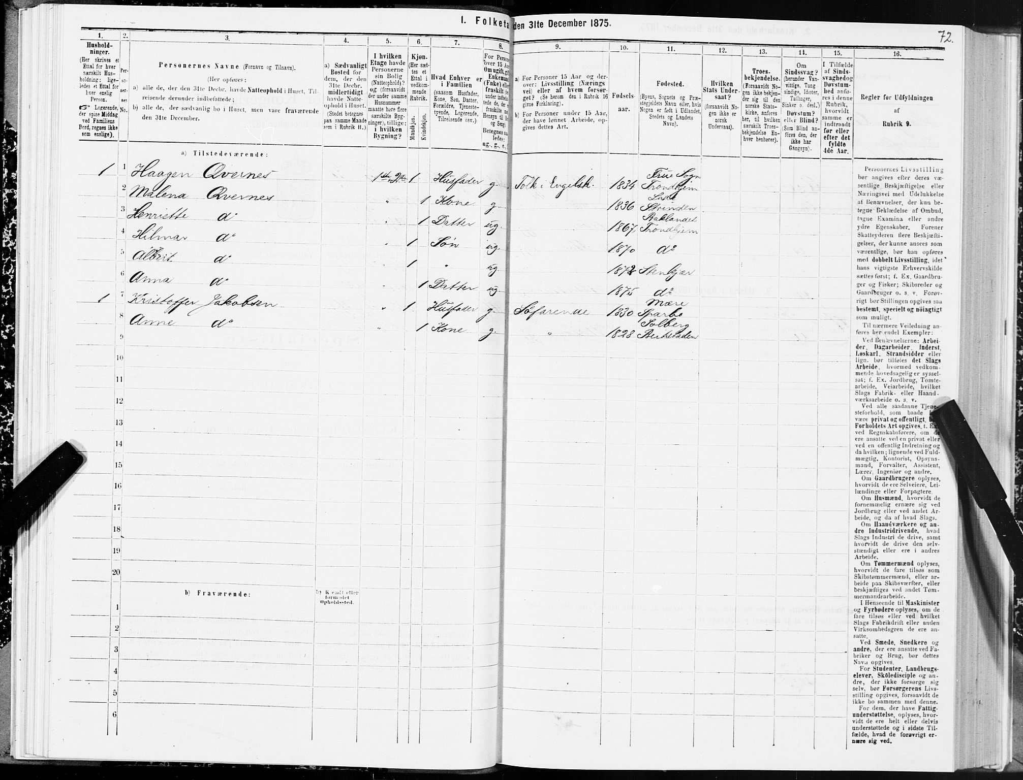 SAT, 1875 census for 1702B Steinkjer/Steinkjer, 1875, p. 72