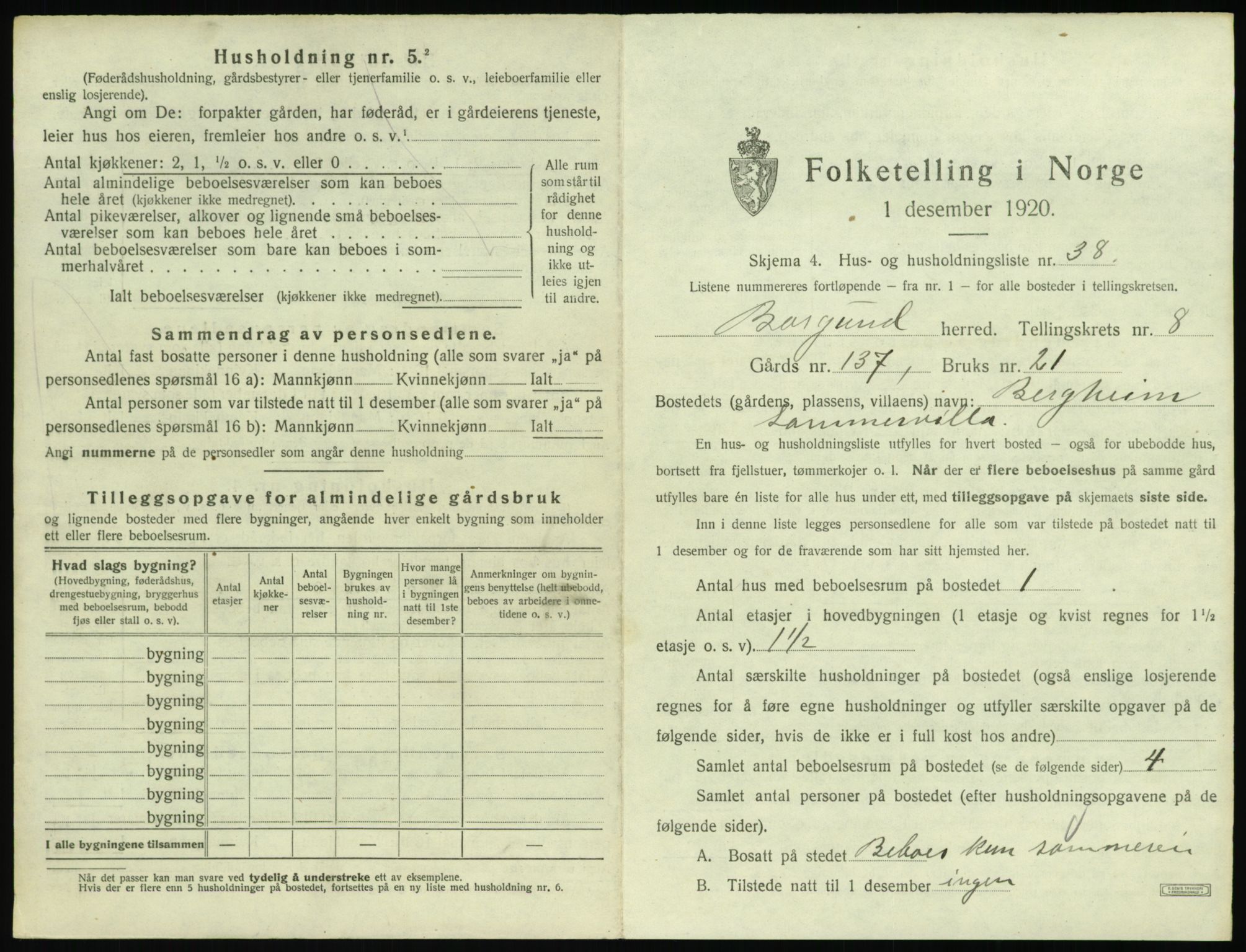 SAT, 1920 census for Borgund, 1920, p. 920