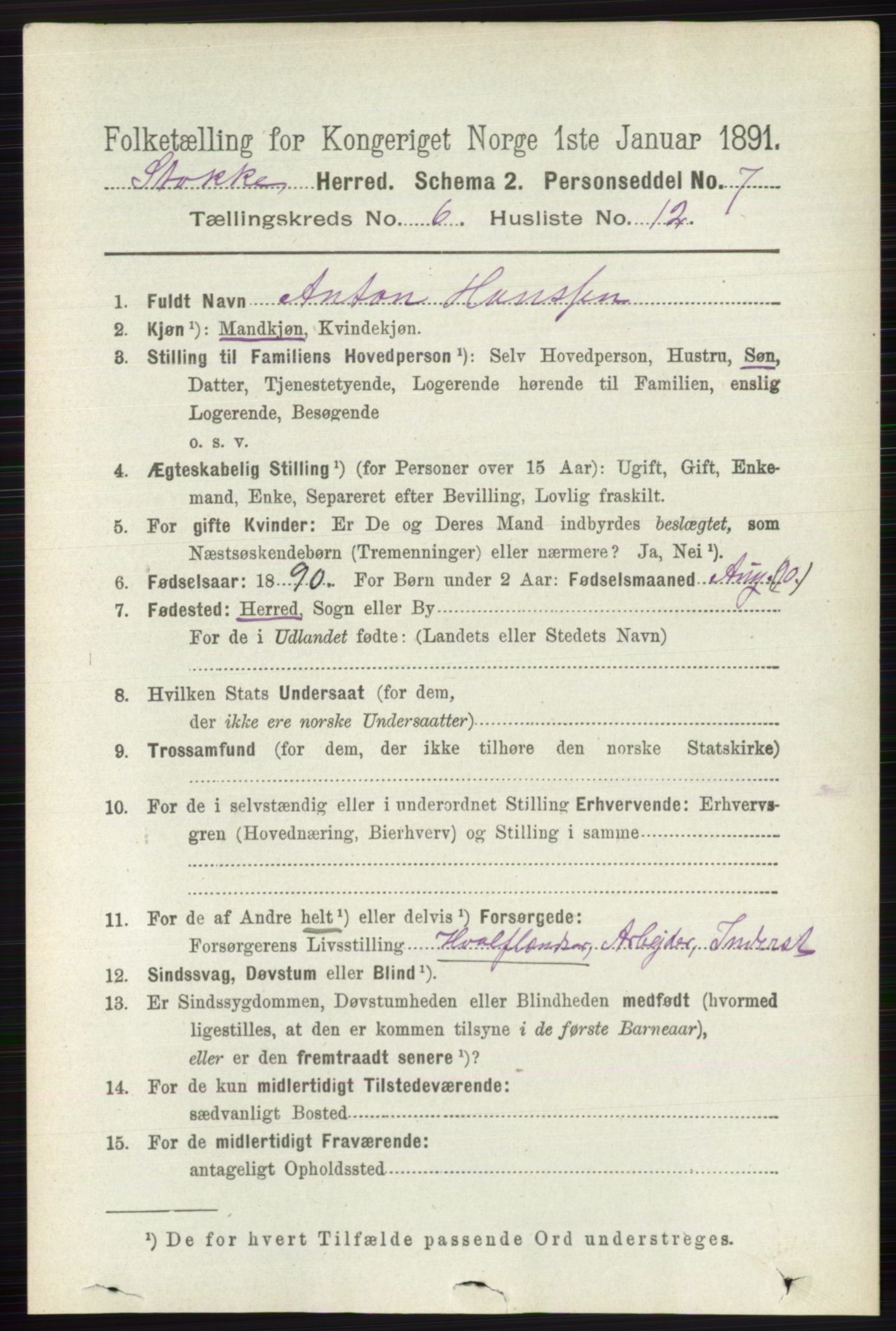 RA, 1891 census for 0720 Stokke, 1891, p. 3868