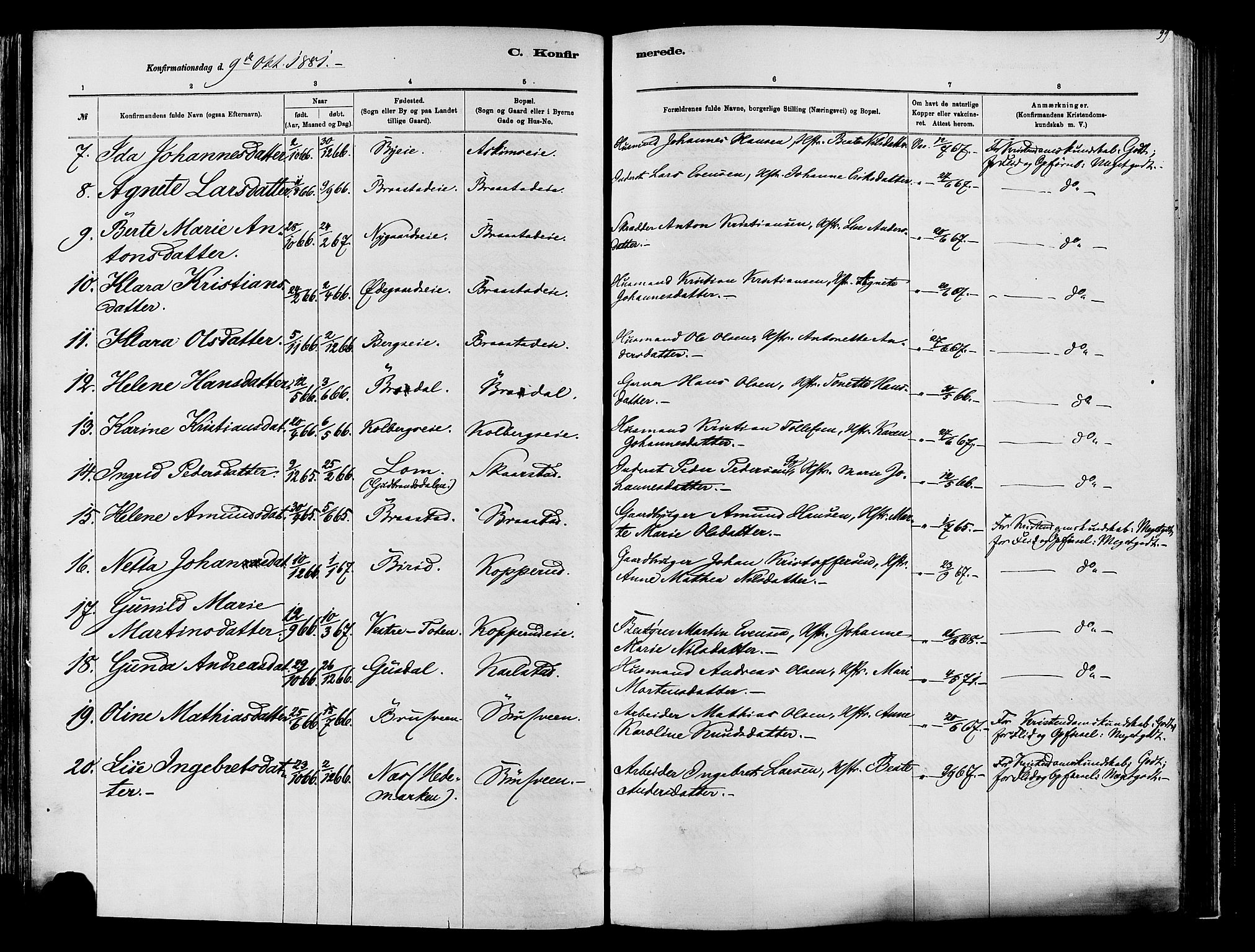 Vardal prestekontor, SAH/PREST-100/H/Ha/Haa/L0009: Parish register (official) no. 9, 1878-1892, p. 99