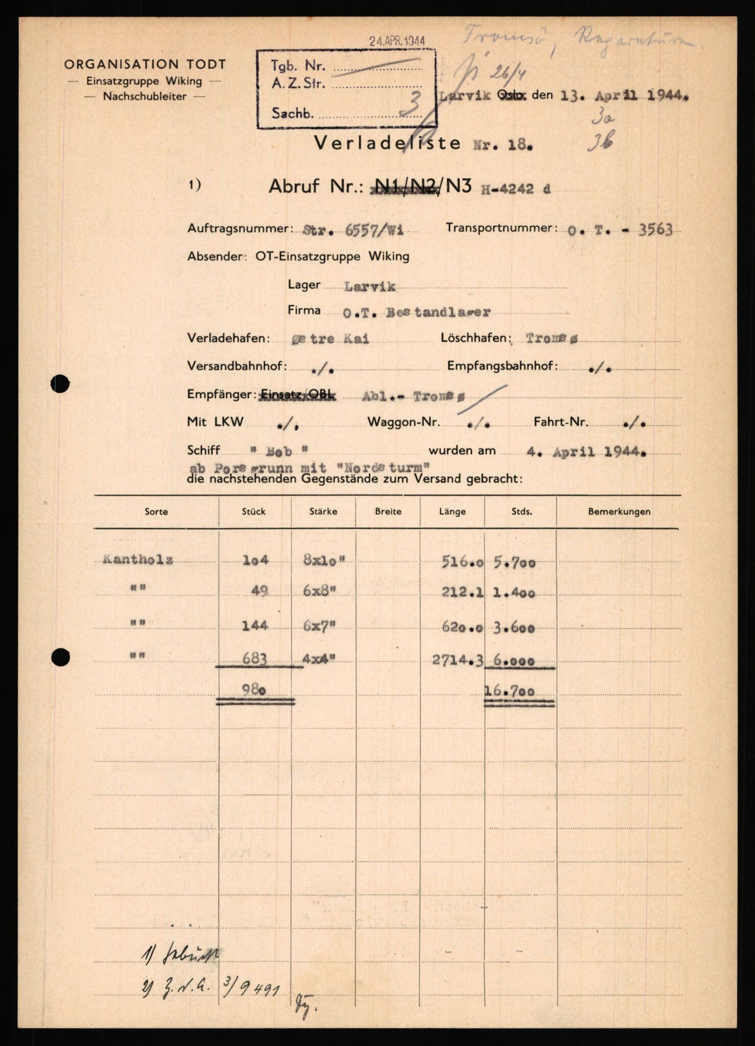 Tyske arkiver, Organisation Todt (OT), Einsatzgruppe Wiking, AV/RA-RAFA-2188/1/E/E6/E6c/L0007: Nachschub: Arkivkode 9451-9490, 1940-1945, p. 630