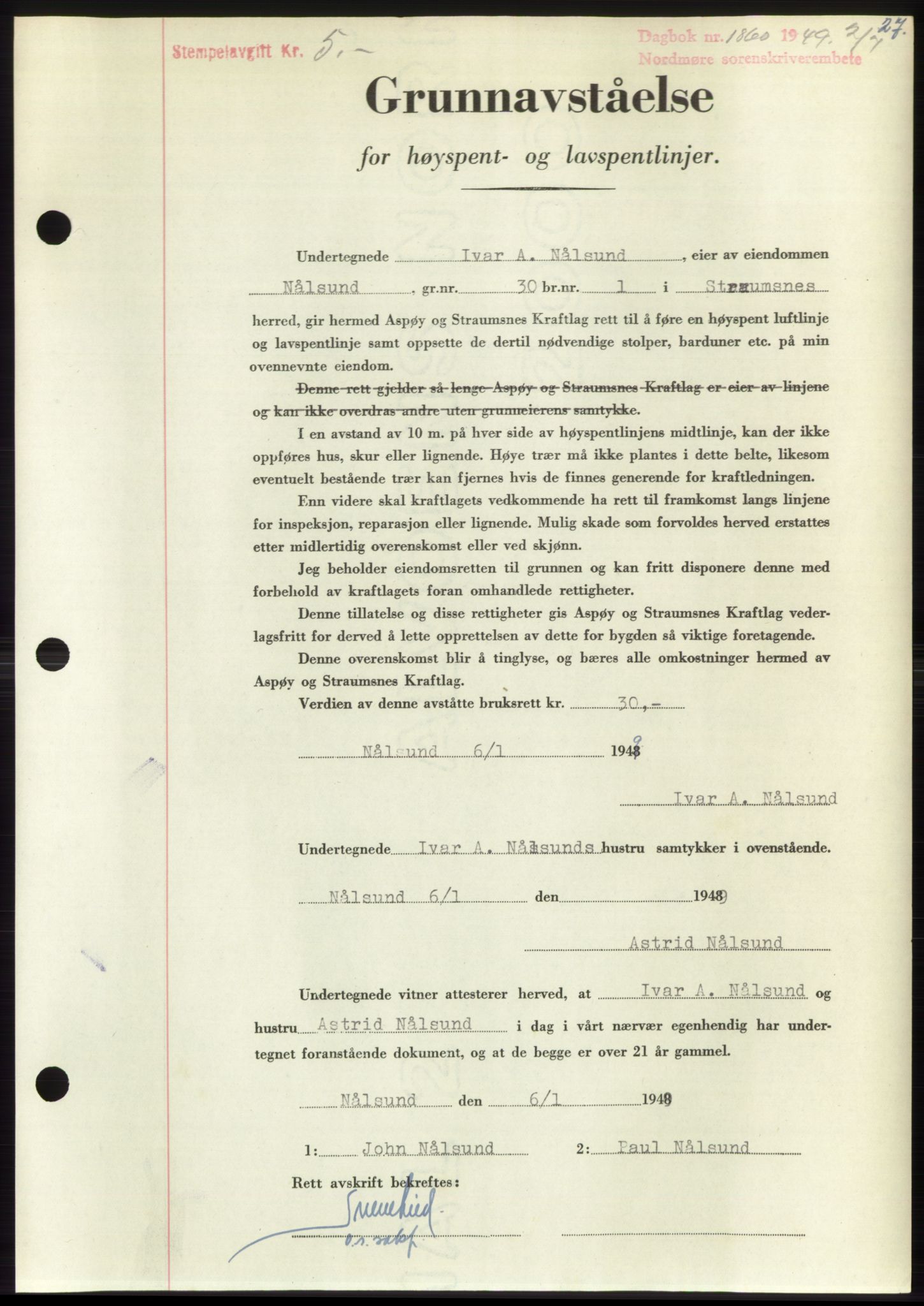 Nordmøre sorenskriveri, AV/SAT-A-4132/1/2/2Ca: Mortgage book no. B102, 1949-1949, Diary no: : 1860/1949