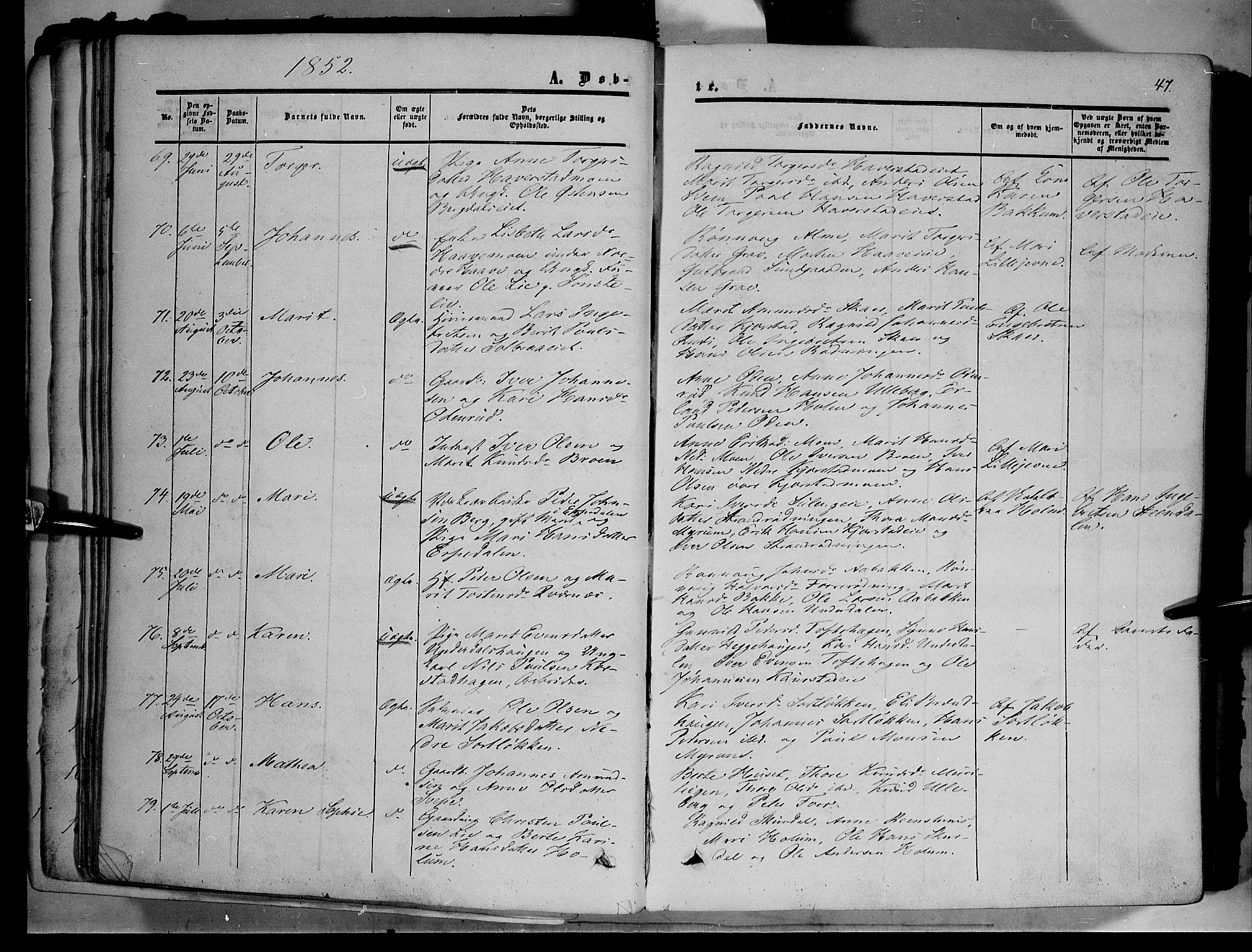 Sør-Fron prestekontor, AV/SAH-PREST-010/H/Ha/Haa/L0001: Parish register (official) no. 1, 1849-1863, p. 47