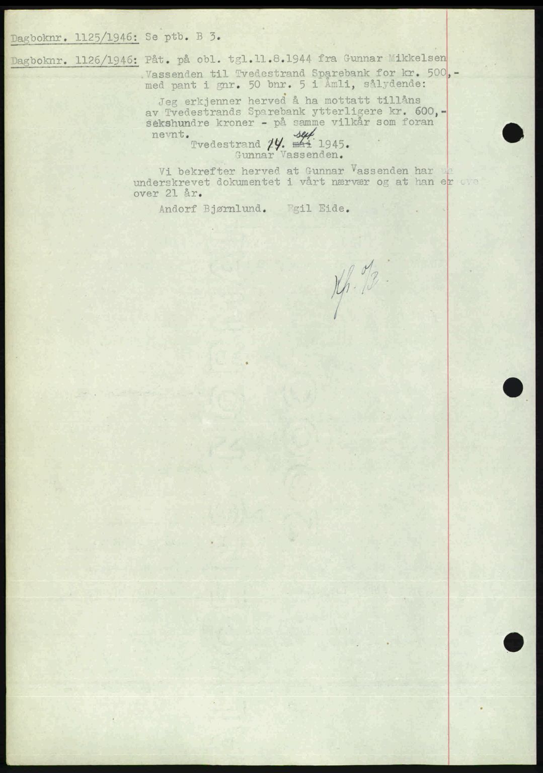 Nedenes sorenskriveri, AV/SAK-1221-0006/G/Gb/Gba/L0056: Mortgage book no. A8, 1946-1947, Diary no: : 1125/1946