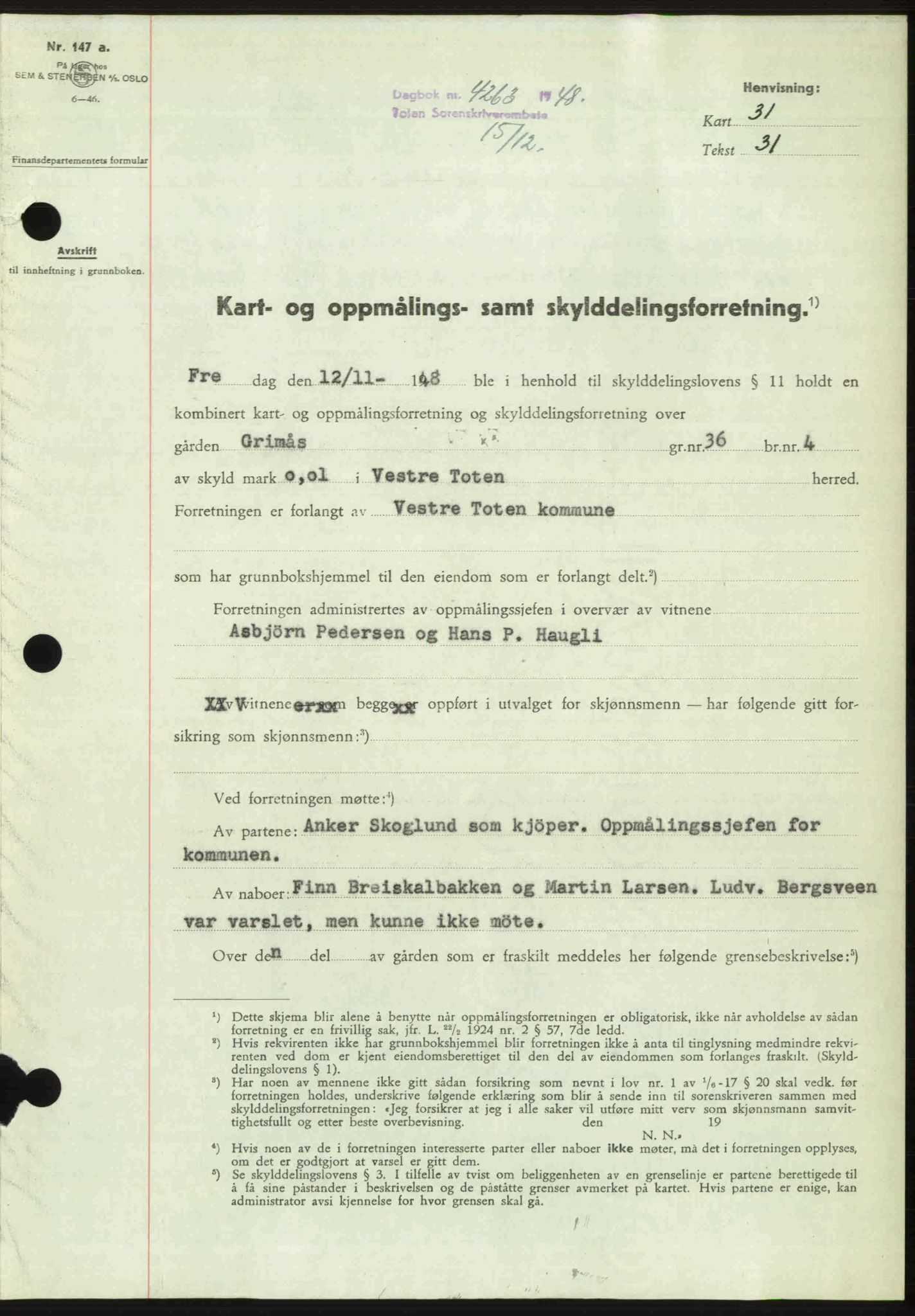 Toten tingrett, AV/SAH-TING-006/H/Hb/Hbc/L0021: Mortgage book no. Hbc-21, 1948-1949, Diary no: : 4263/1948