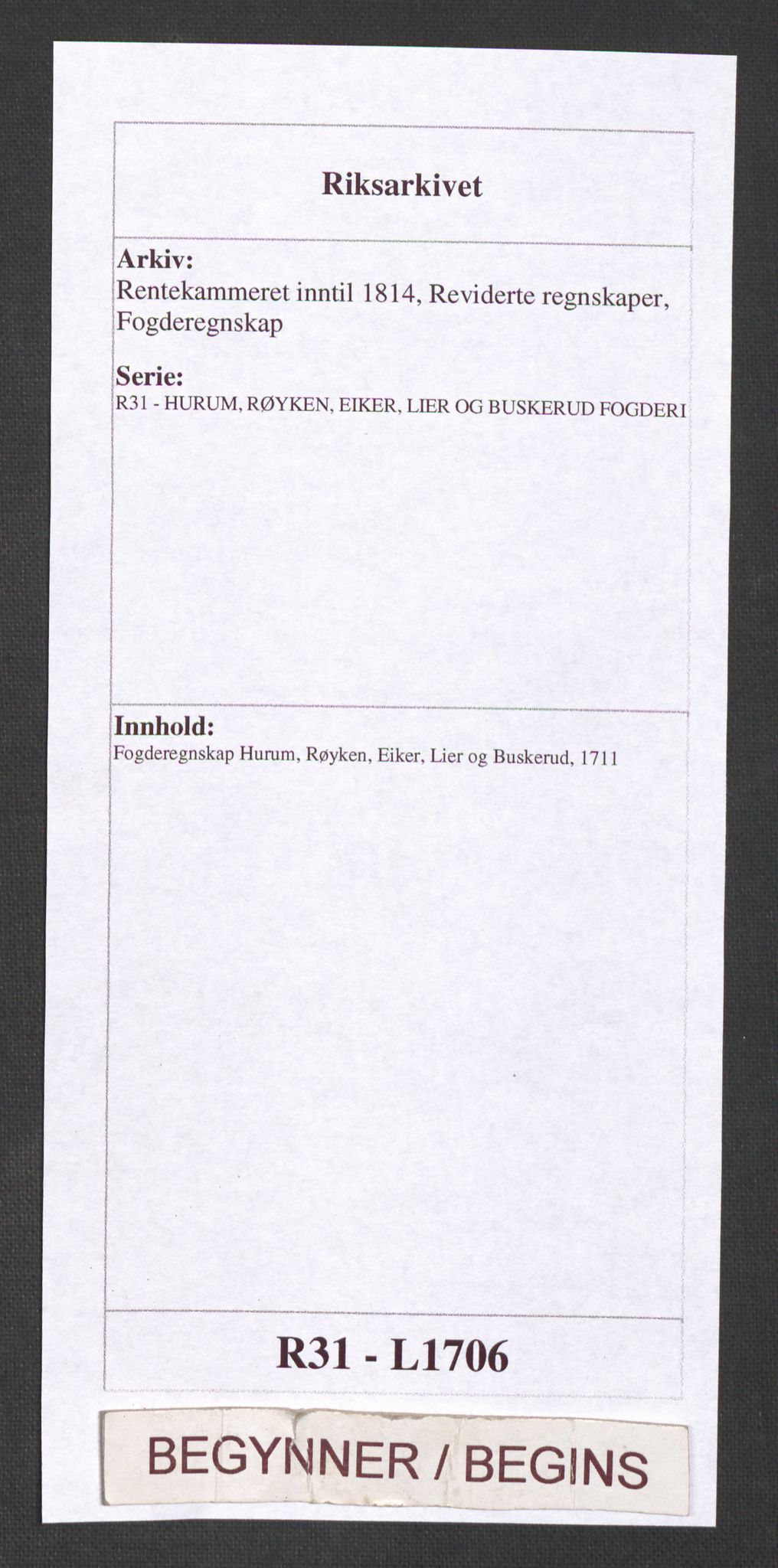 Rentekammeret inntil 1814, Reviderte regnskaper, Fogderegnskap, AV/RA-EA-4092/R31/L1706: Fogderegnskap Hurum, Røyken, Eiker, Lier og Buskerud, 1711, p. 1