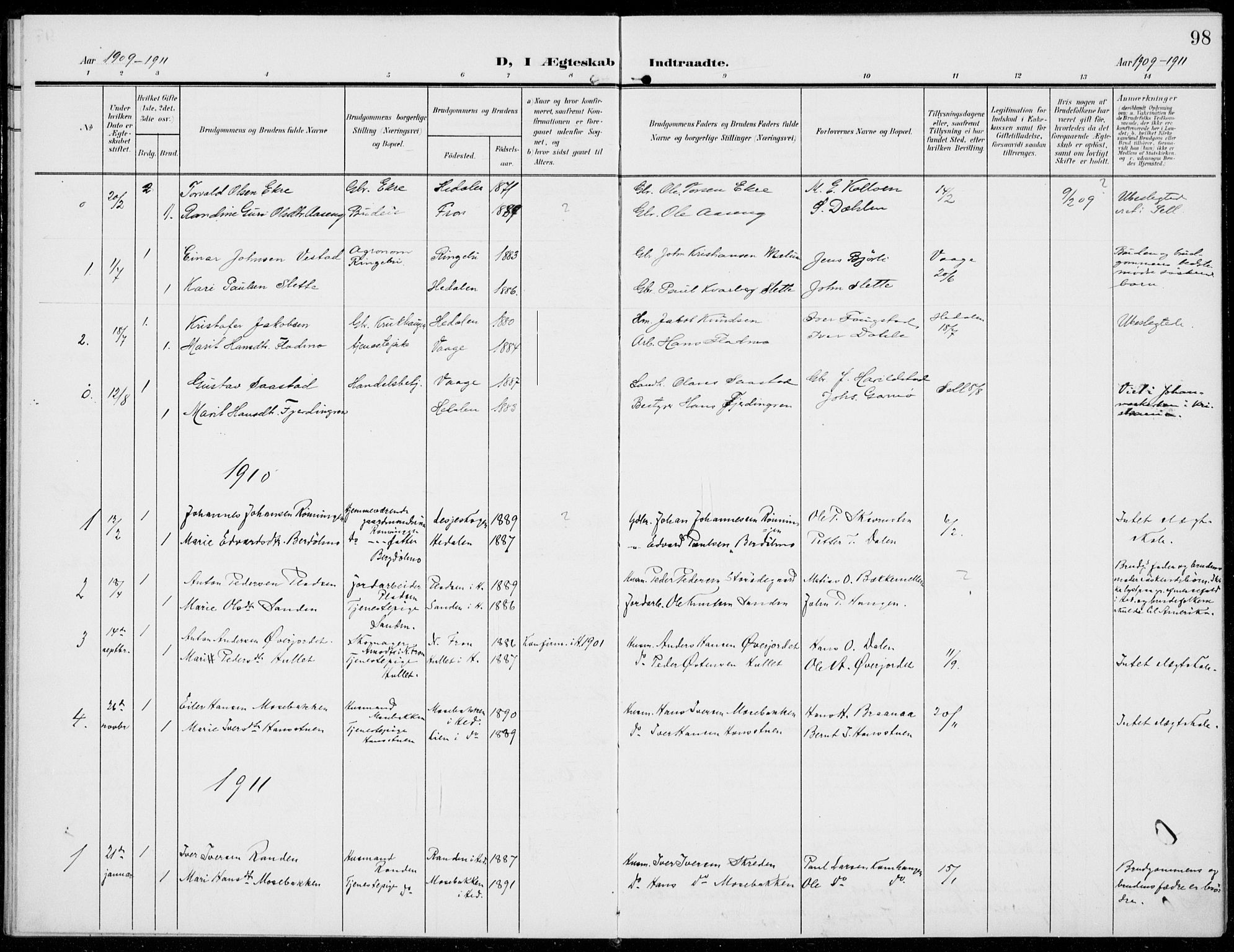 Sel prestekontor, SAH/PREST-074/H/Ha/Haa/L0001: Parish register (official) no. 1, 1905-1922, p. 98
