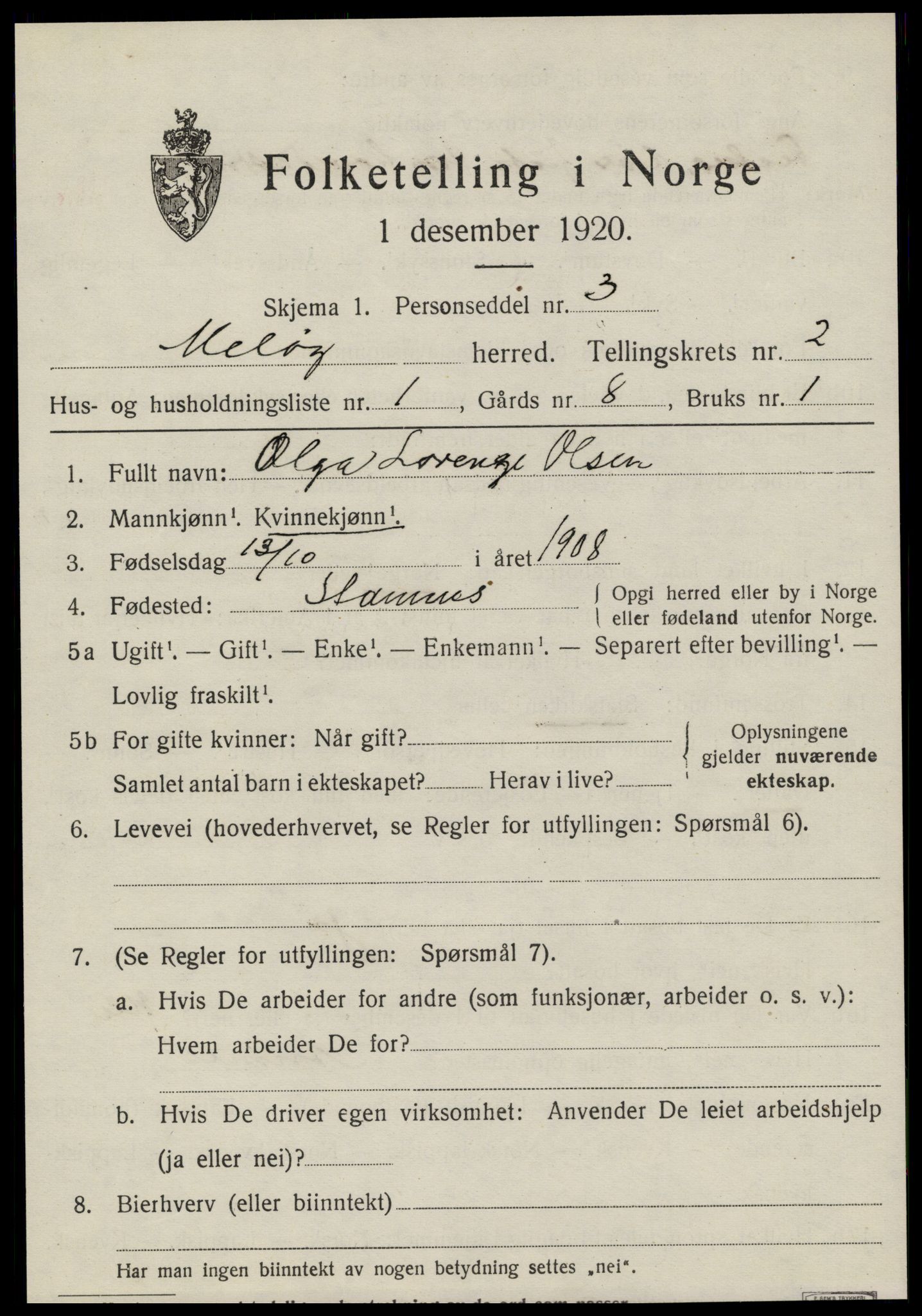 SAT, 1920 census for Meløy, 1920, p. 2131