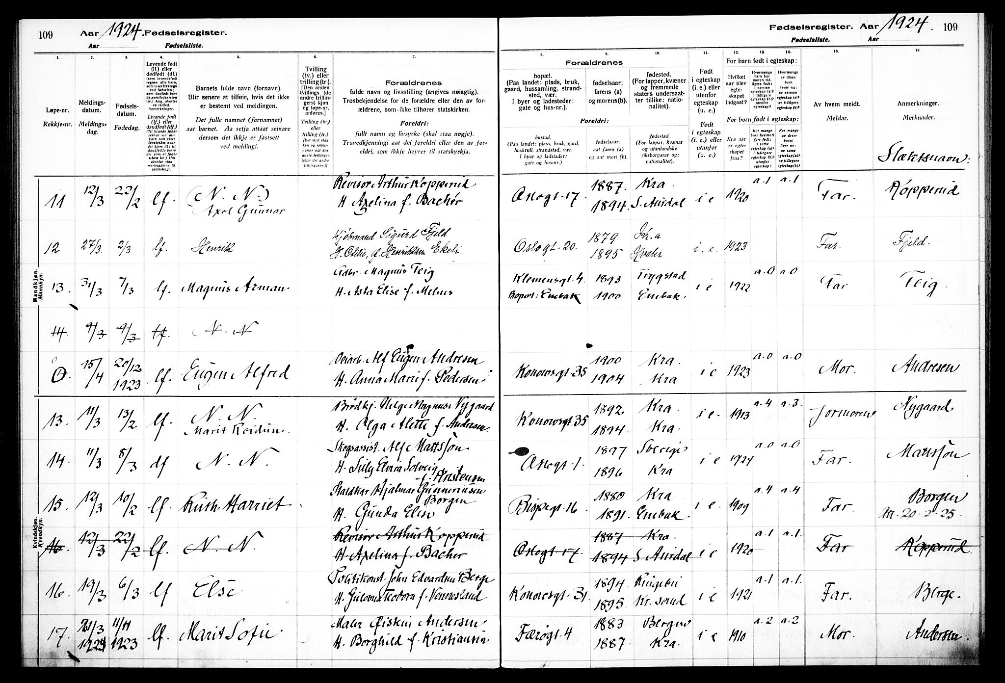 Gamlebyen prestekontor Kirkebøker, AV/SAO-A-10884/J/Ja/L0001: Birth register no. 1, 1916-1936, p. 109