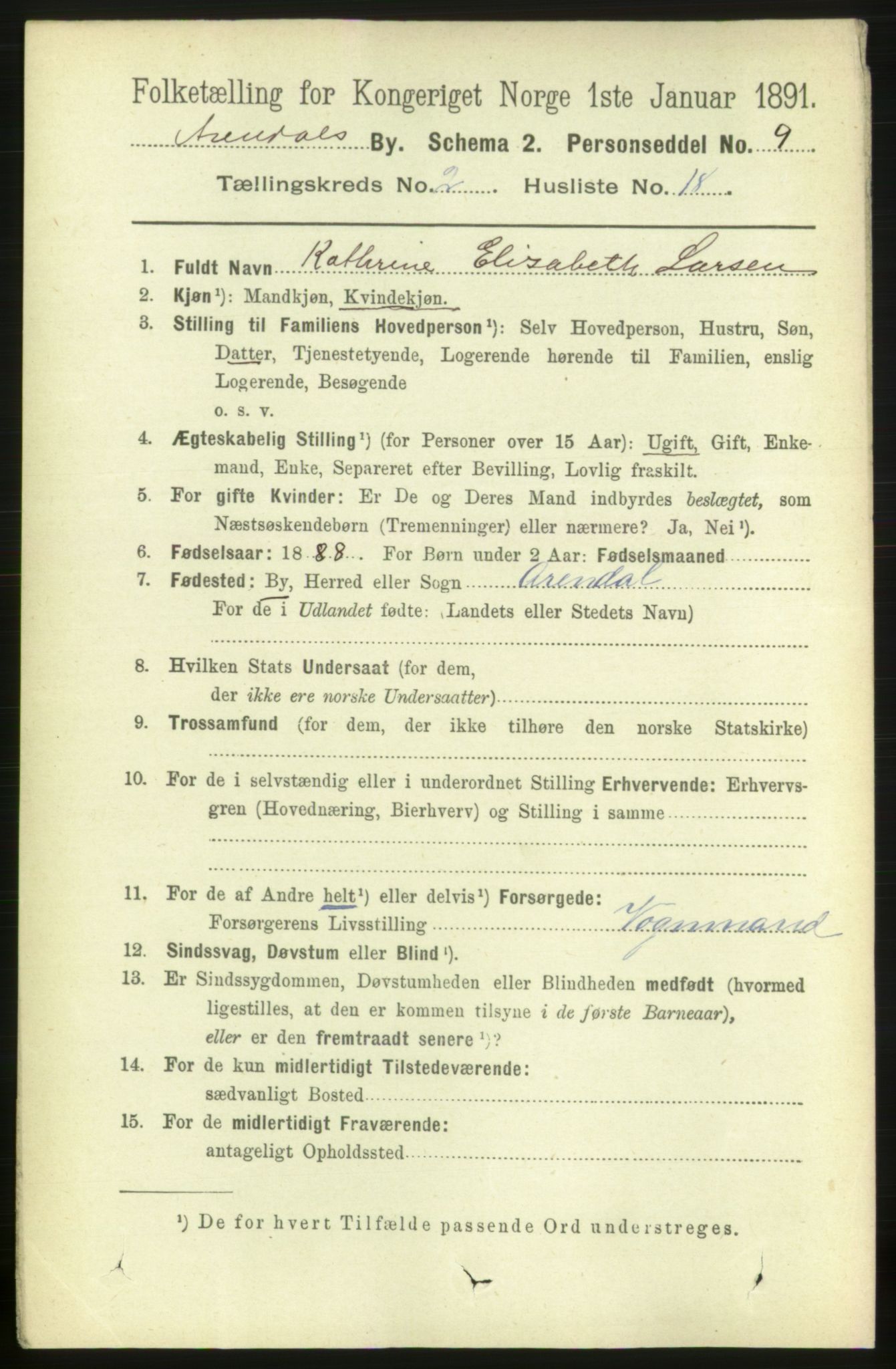 RA, 1891 census for 0903 Arendal, 1891, p. 1433