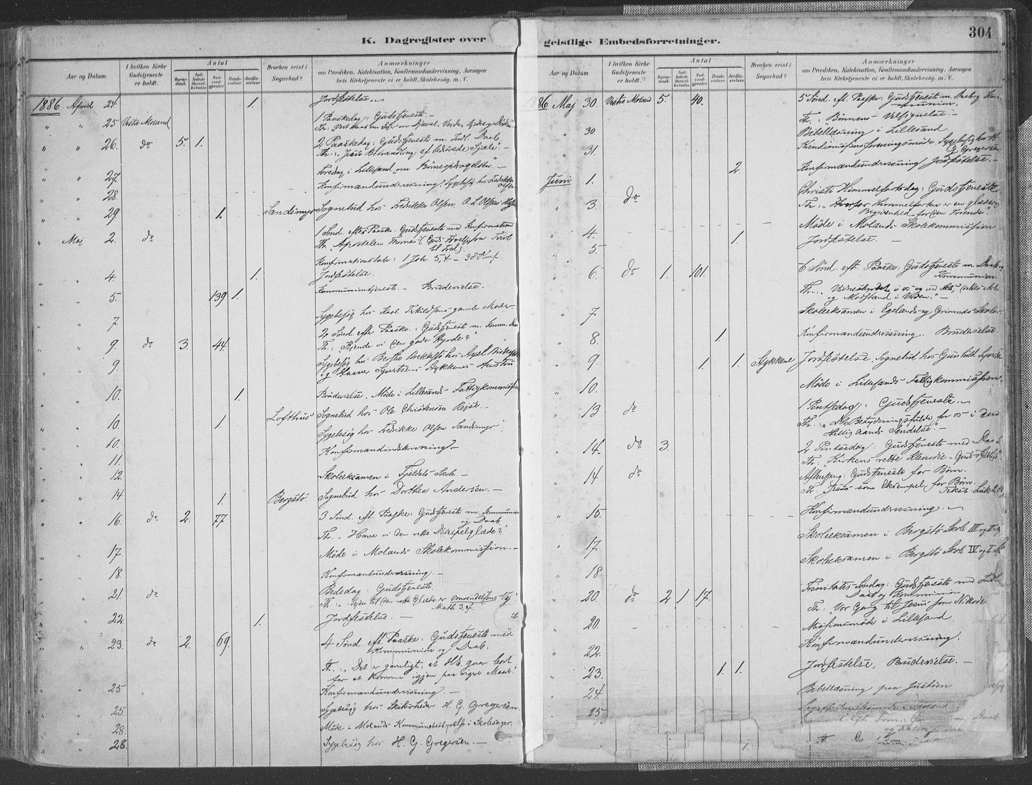 Vestre Moland sokneprestkontor, AV/SAK-1111-0046/F/Fa/Fab/L0009: Parish register (official) no. A 9, 1884-1899, p. 304