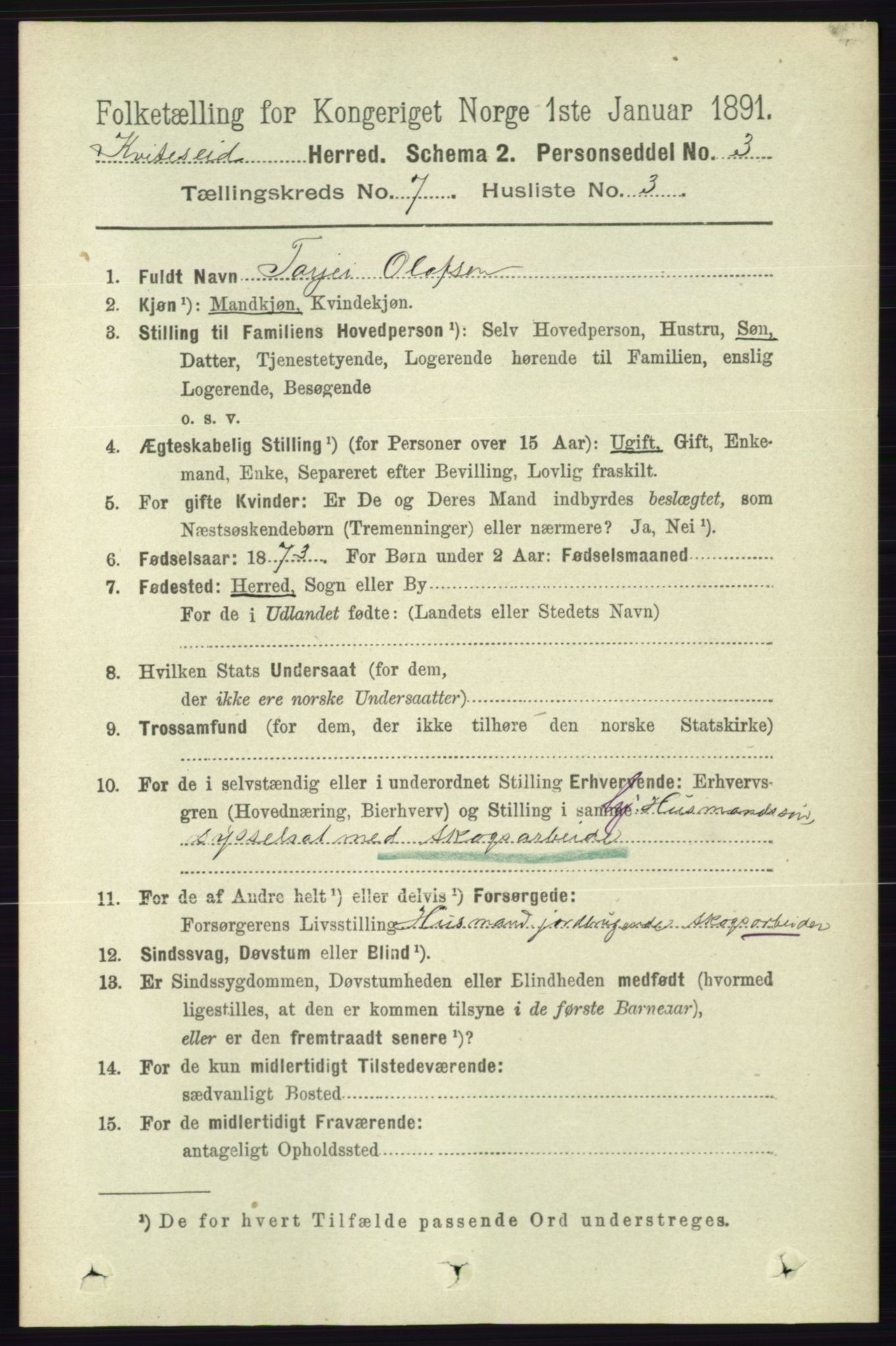 RA, 1891 census for 0829 Kviteseid, 1891, p. 1379