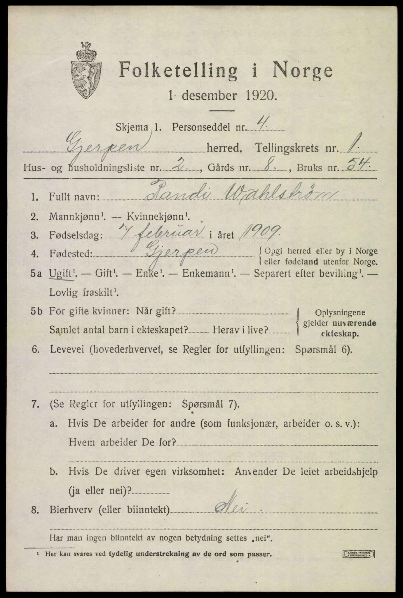 SAKO, 1920 census for Gjerpen, 1920, p. 2706