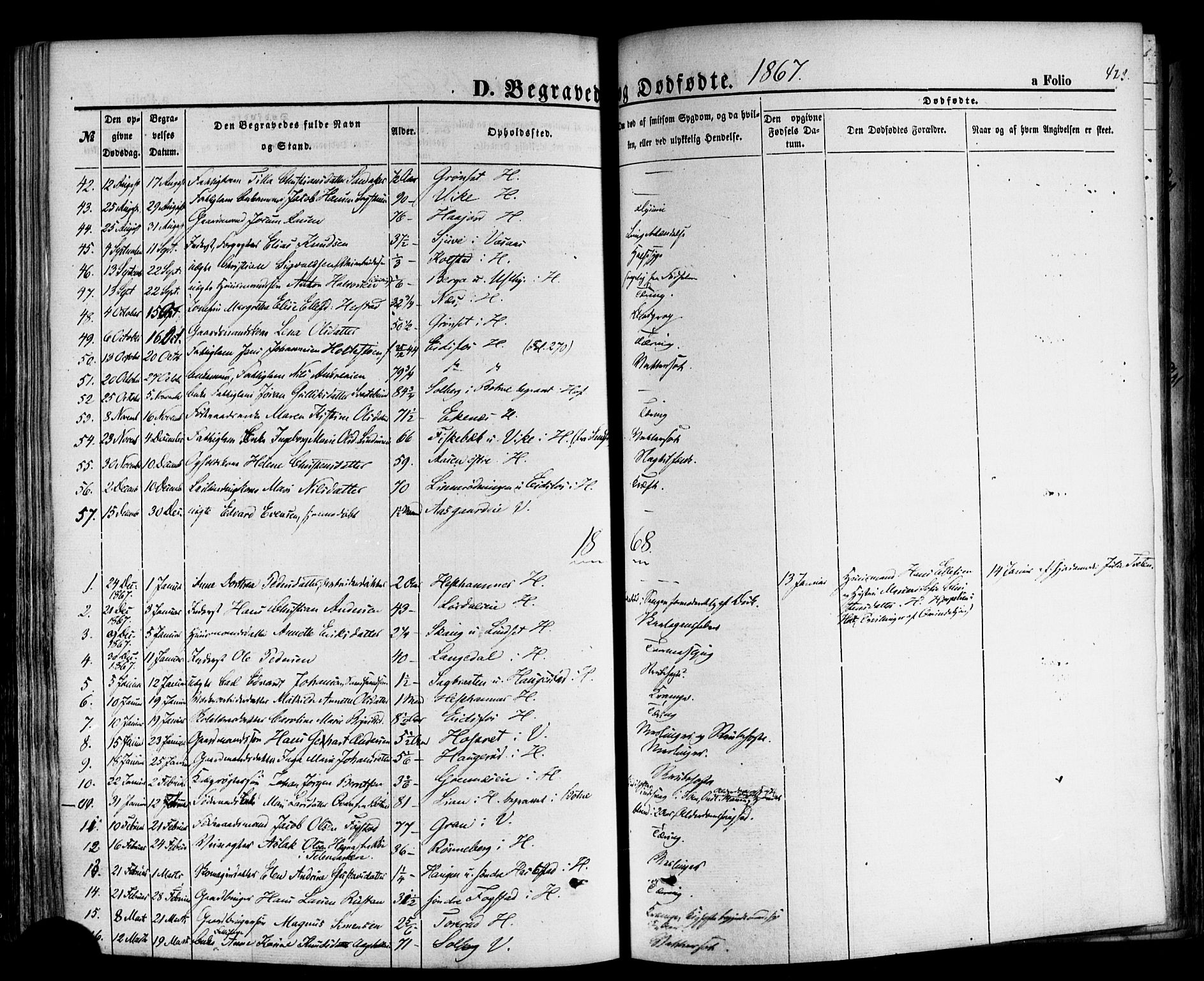 Hof kirkebøker, AV/SAKO-A-64/F/Fa/L0006: Parish register (official) no. I 6, 1851-1877, p. 423