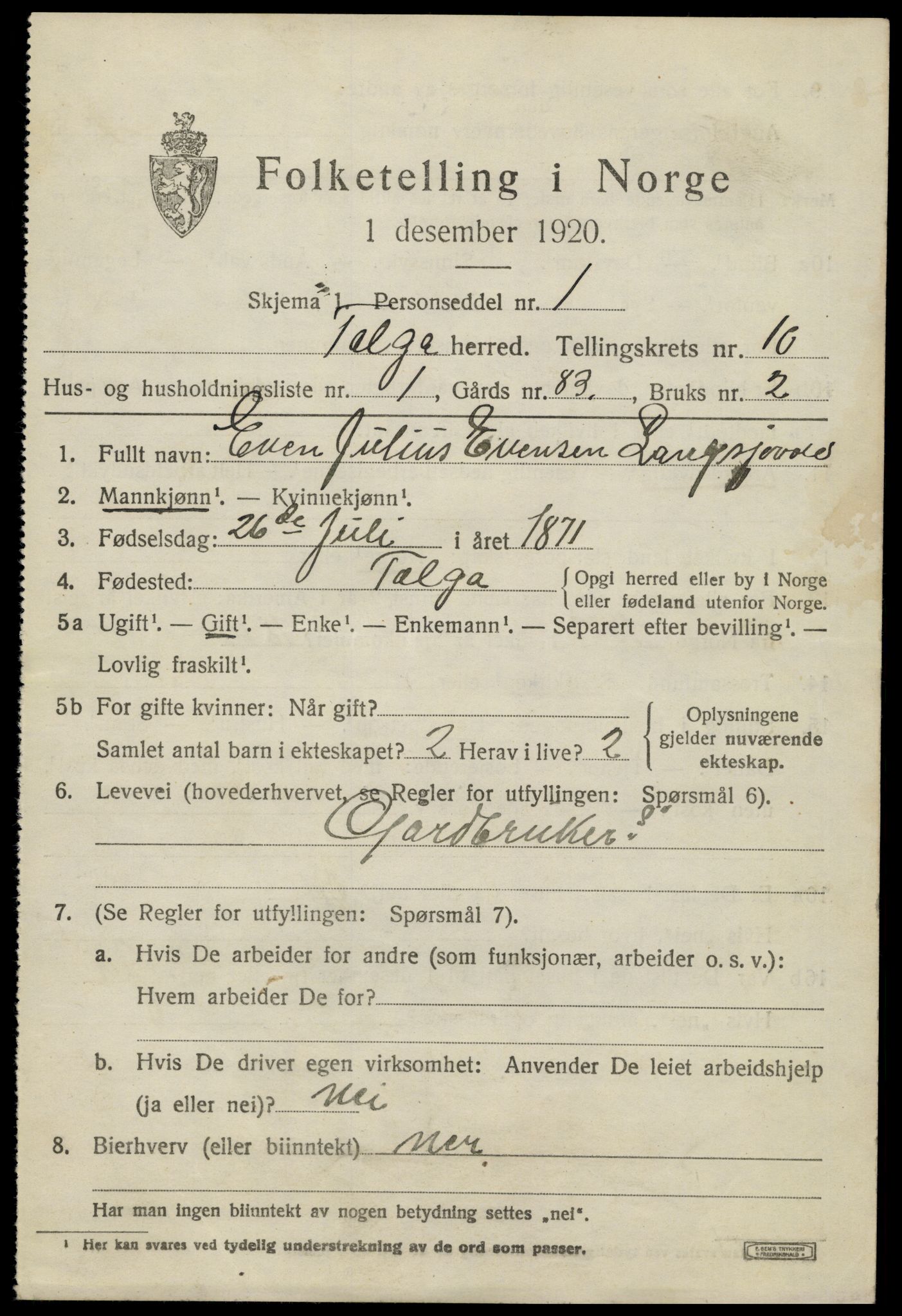 SAH, 1920 census for Tolga, 1920, p. 4911
