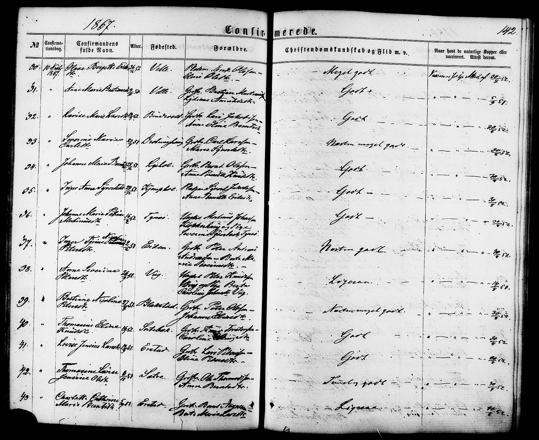 Ministerialprotokoller, klokkerbøker og fødselsregistre - Møre og Romsdal, AV/SAT-A-1454/522/L0314: Parish register (official) no. 522A09, 1863-1877, p. 142