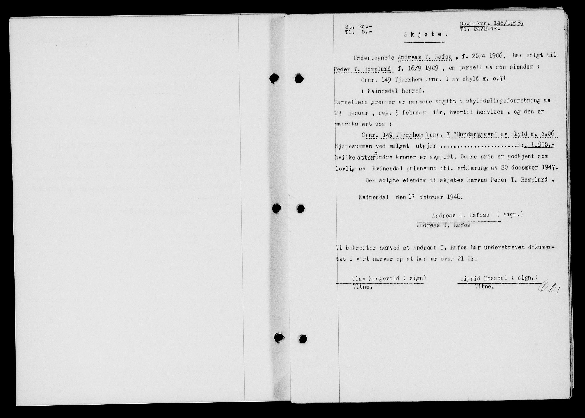 Flekkefjord sorenskriveri, AV/SAK-1221-0001/G/Gb/Gba/L0063: Mortgage book no. A-11, 1947-1948, Diary no: : 145/1948