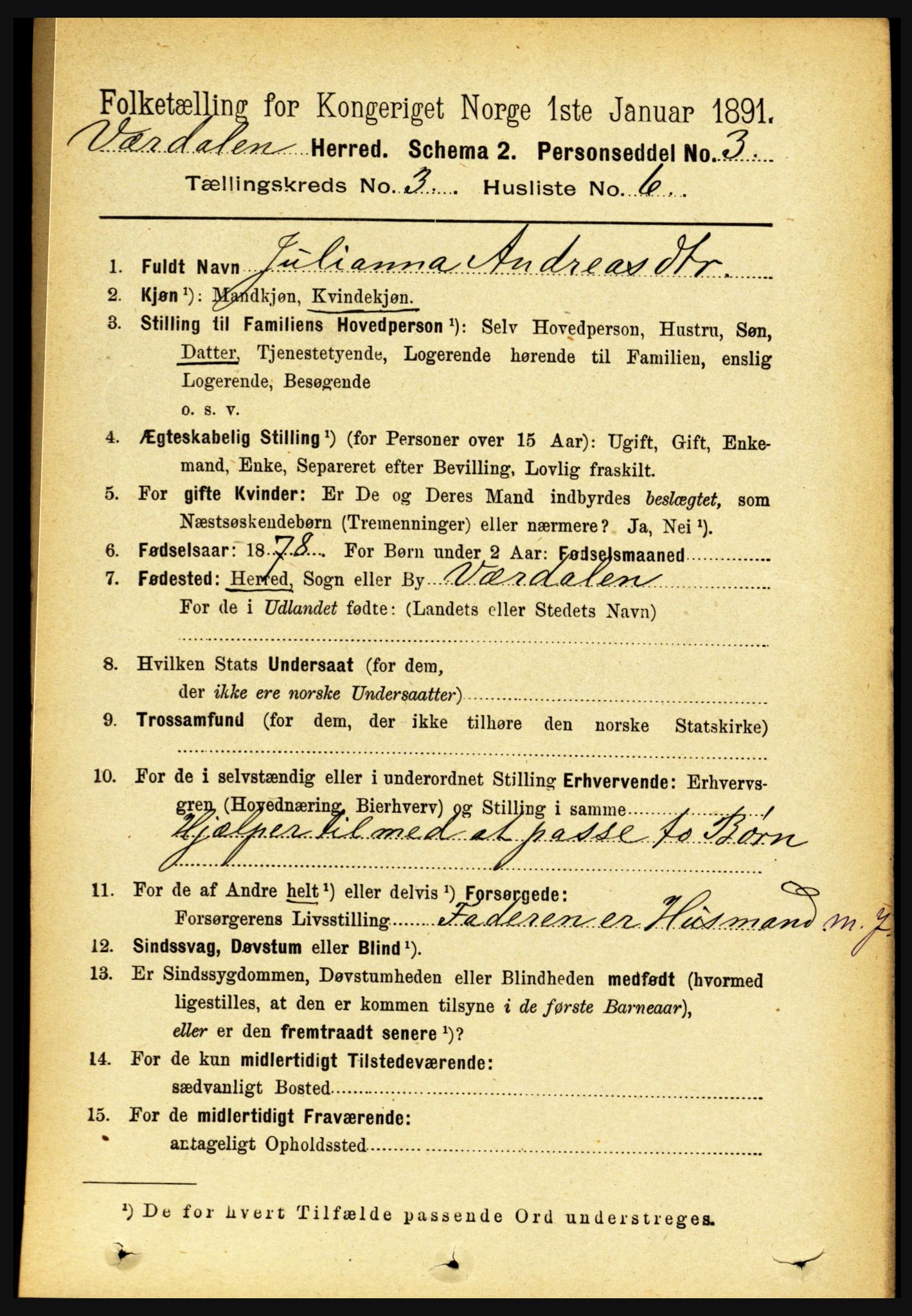 RA, 1891 census for 1721 Verdal, 1891, p. 1806