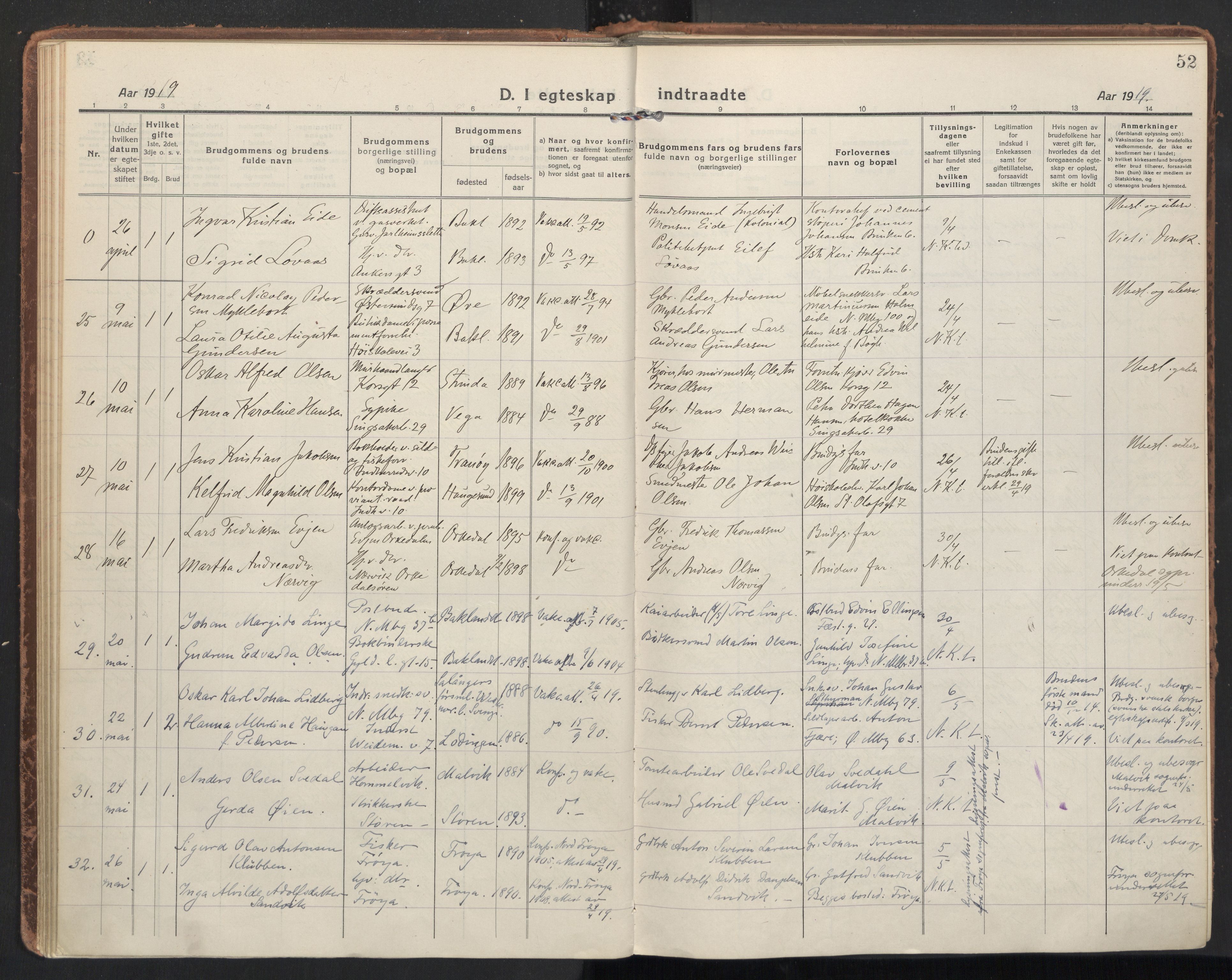 Ministerialprotokoller, klokkerbøker og fødselsregistre - Sør-Trøndelag, AV/SAT-A-1456/604/L0206: Parish register (official) no. 604A26, 1917-1931, p. 52