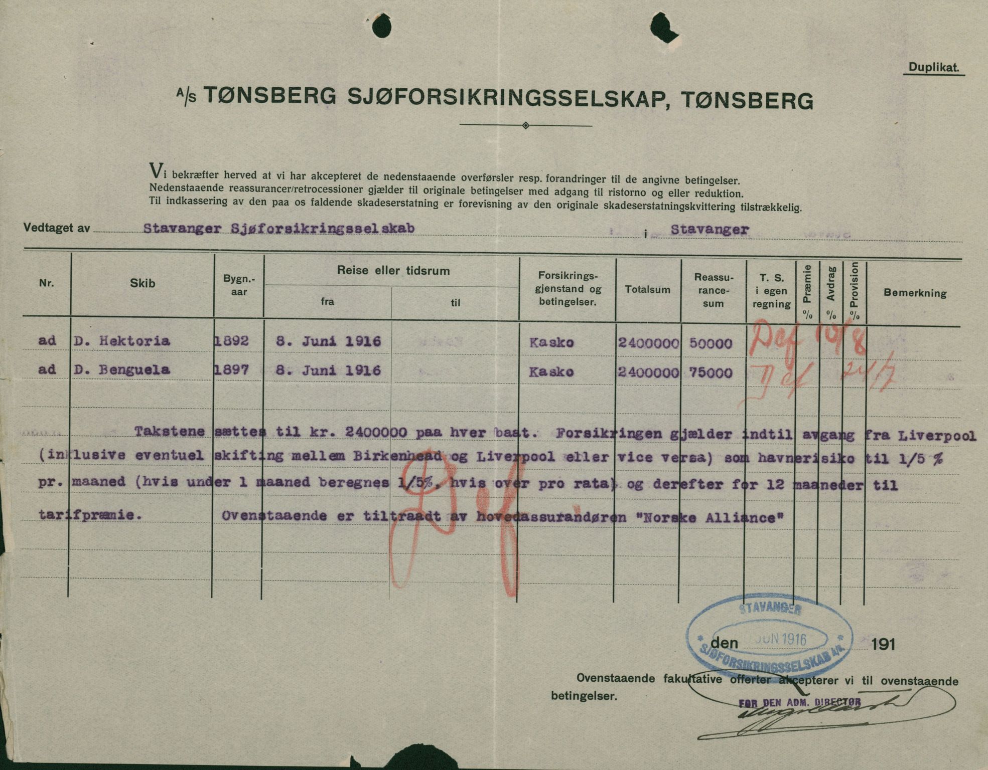 Pa 664 - Tønsberg Sjøforsikringsselskap, VEMU/A-1773/F/L0001: Forsikringspoliser, 1915-1918