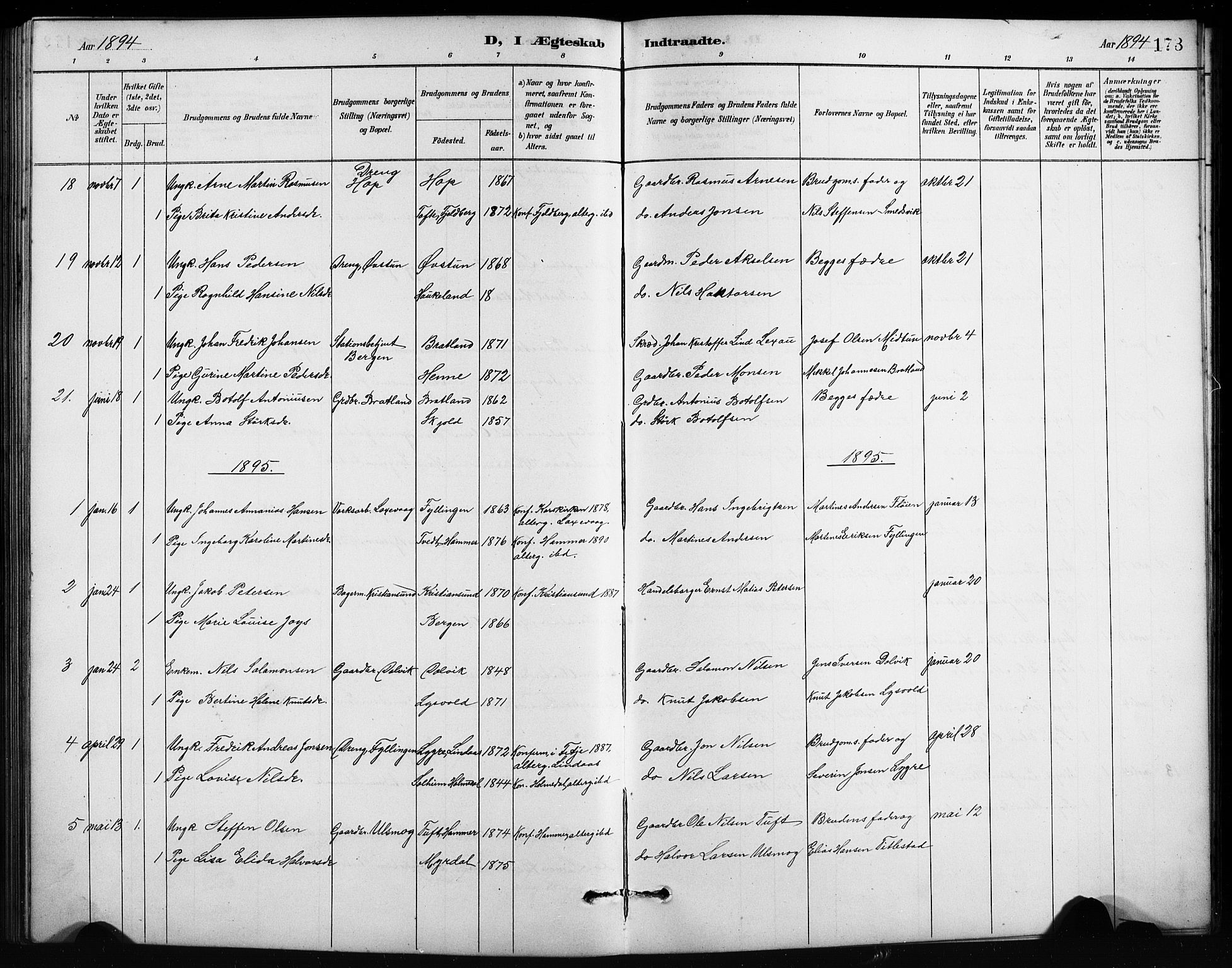 Birkeland Sokneprestembete, AV/SAB-A-74601/H/Hab: Parish register (copy) no. A 4, 1888-1897, p. 173