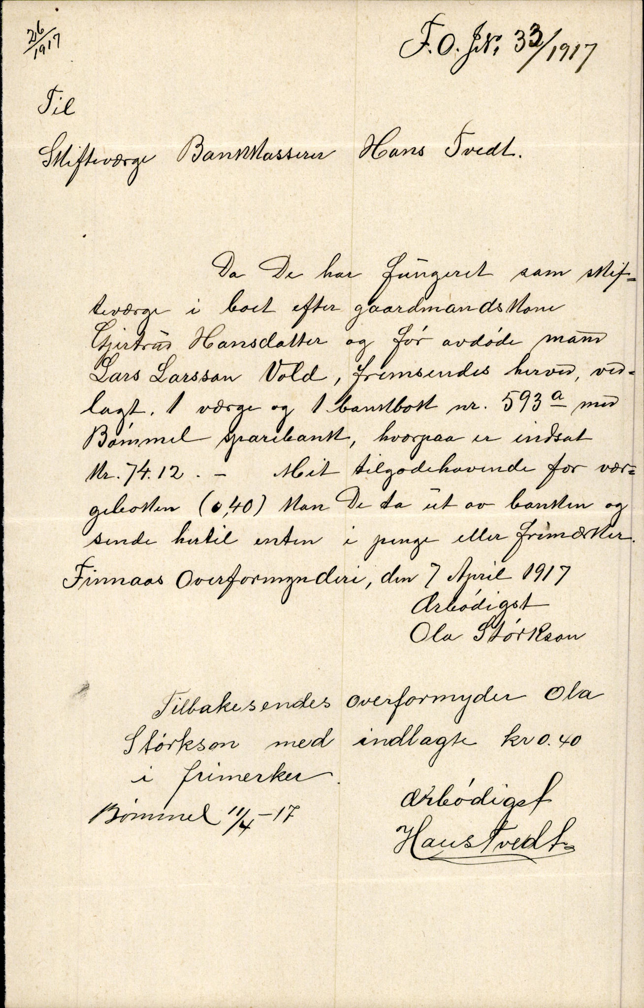 Finnaas kommune. Overformynderiet, IKAH/1218a-812/D/Da/Daa/L0003/0002: Kronologisk ordna korrespondanse / Kronologisk ordna korrespondanse, 1917-1919, p. 11