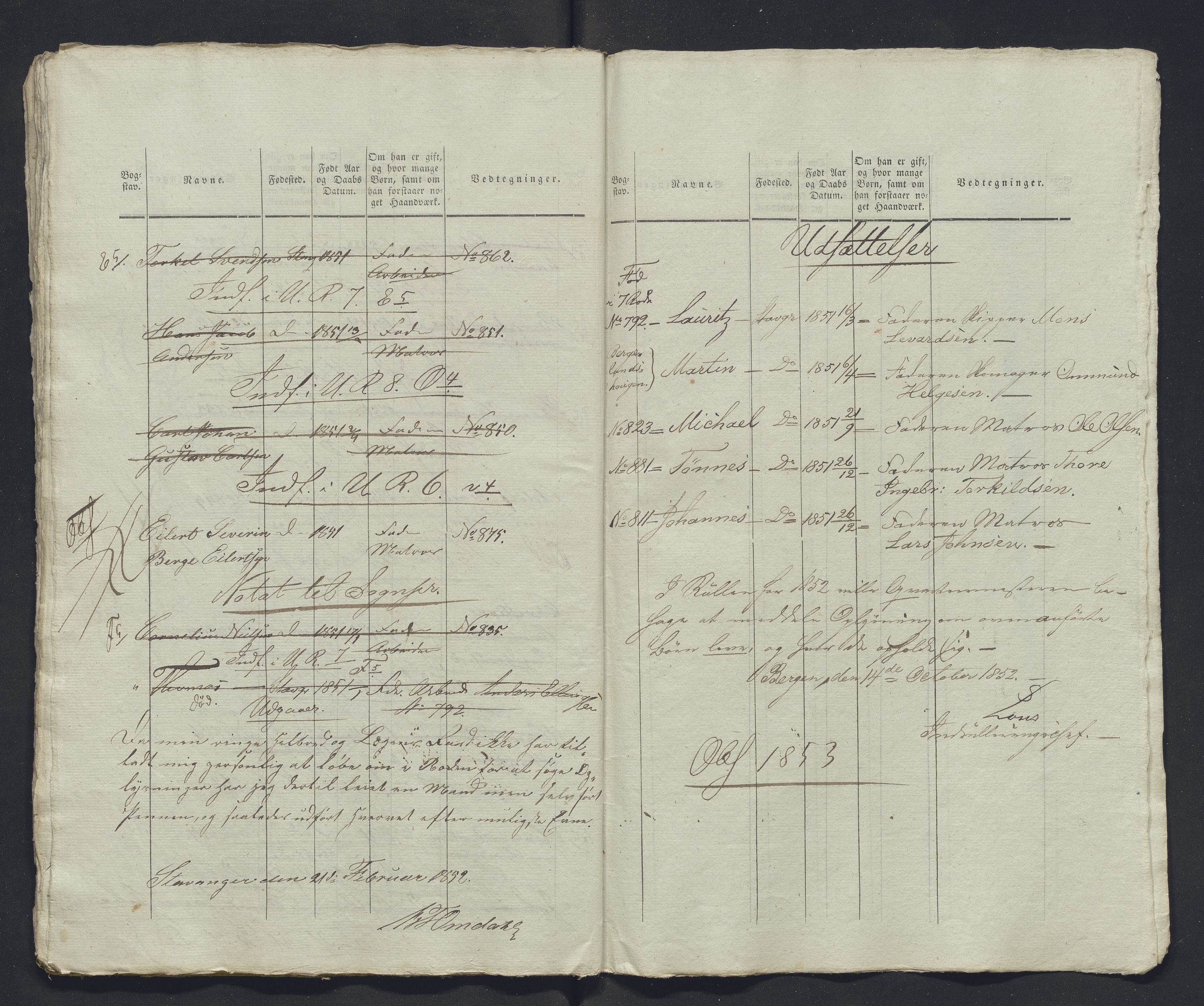 Innrulleringssjefen i Bergen, Avd. III. Bergen og Stavanger 1805-1850, AV/SAB-A-100467/H/Ha/L0009: Mannskapsruller, 1851-1852, p. 194