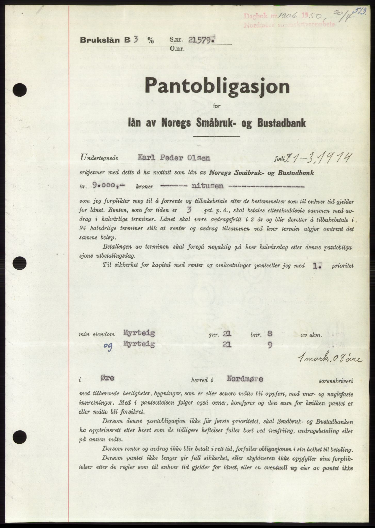 Nordmøre sorenskriveri, AV/SAT-A-4132/1/2/2Ca: Mortgage book no. B104, 1950-1950, Diary no: : 1206/1950