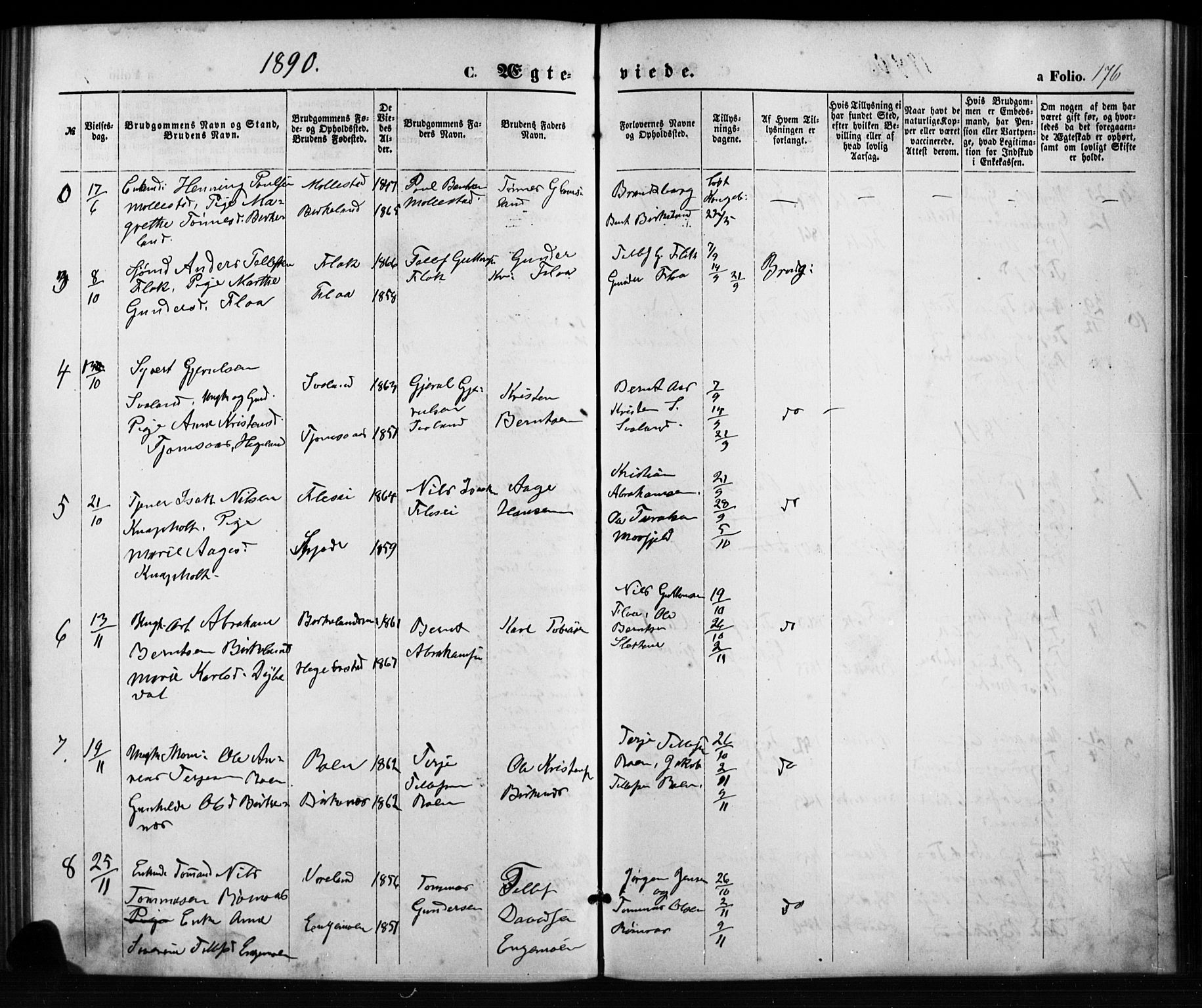 Birkenes sokneprestkontor, SAK/1111-0004/F/Fb/L0003: Parish register (copy) no. B 3, 1876-1892, p. 176