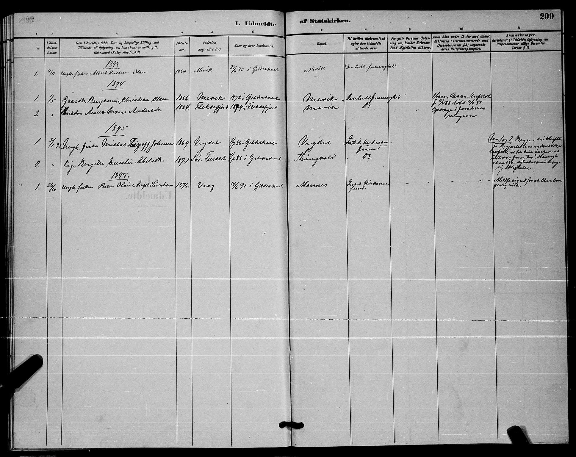 Ministerialprotokoller, klokkerbøker og fødselsregistre - Nordland, AV/SAT-A-1459/805/L0108: Parish register (copy) no. 805C04, 1885-1899, p. 299