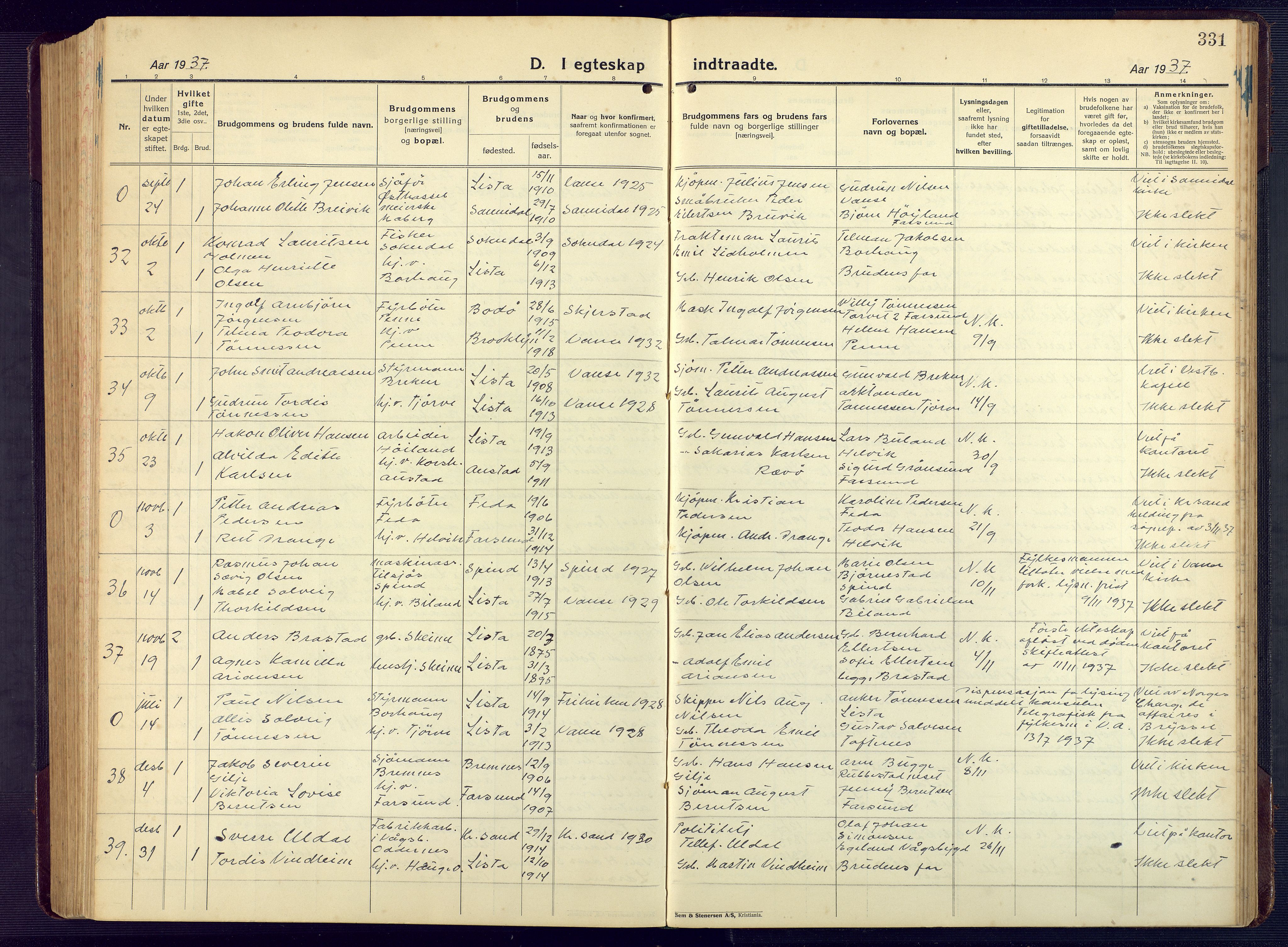 Lista sokneprestkontor, AV/SAK-1111-0027/F/Fb/L0006: Parish register (copy) no. B 6, 1924-1947, p. 331