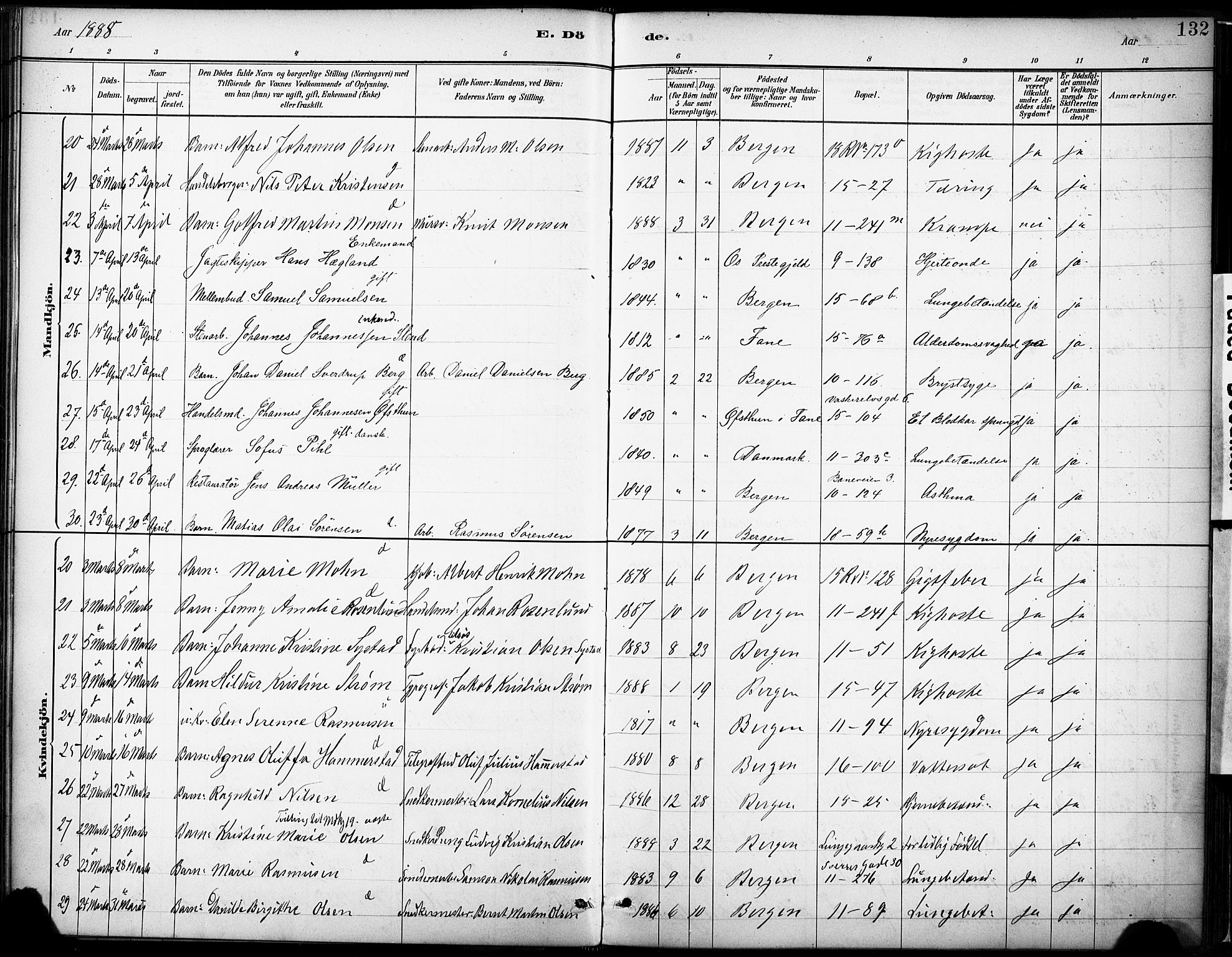 Domkirken sokneprestembete, AV/SAB-A-74801/H/Haa/L0043: Parish register (official) no. E 5, 1882-1904, p. 132