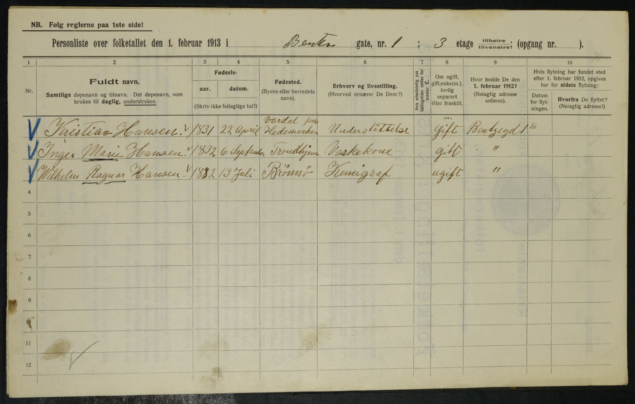 OBA, Municipal Census 1913 for Kristiania, 1913, p. 3354