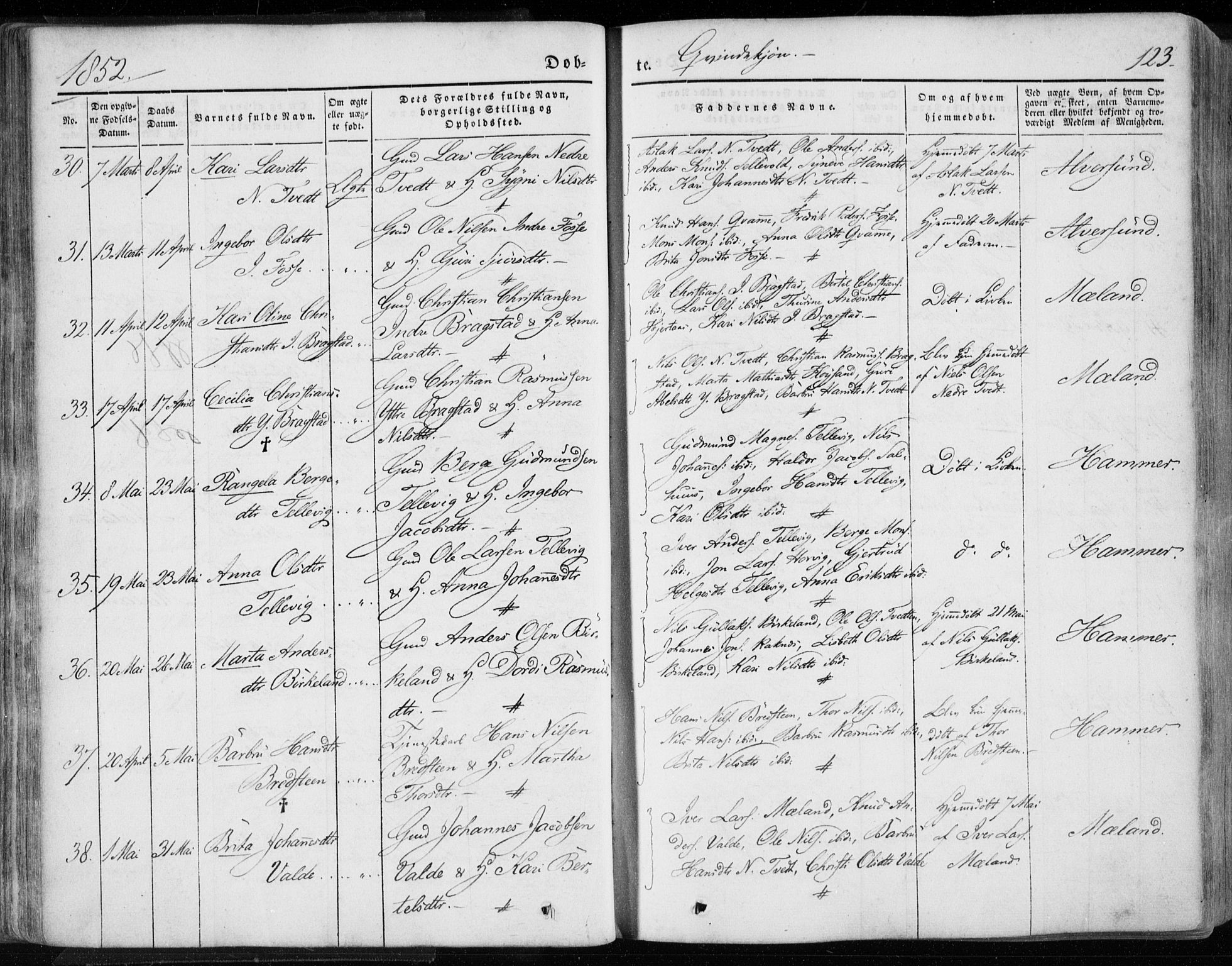 Hamre sokneprestembete, AV/SAB-A-75501/H/Ha/Haa/Haaa/L0013: Parish register (official) no. A 13, 1846-1857, p. 123