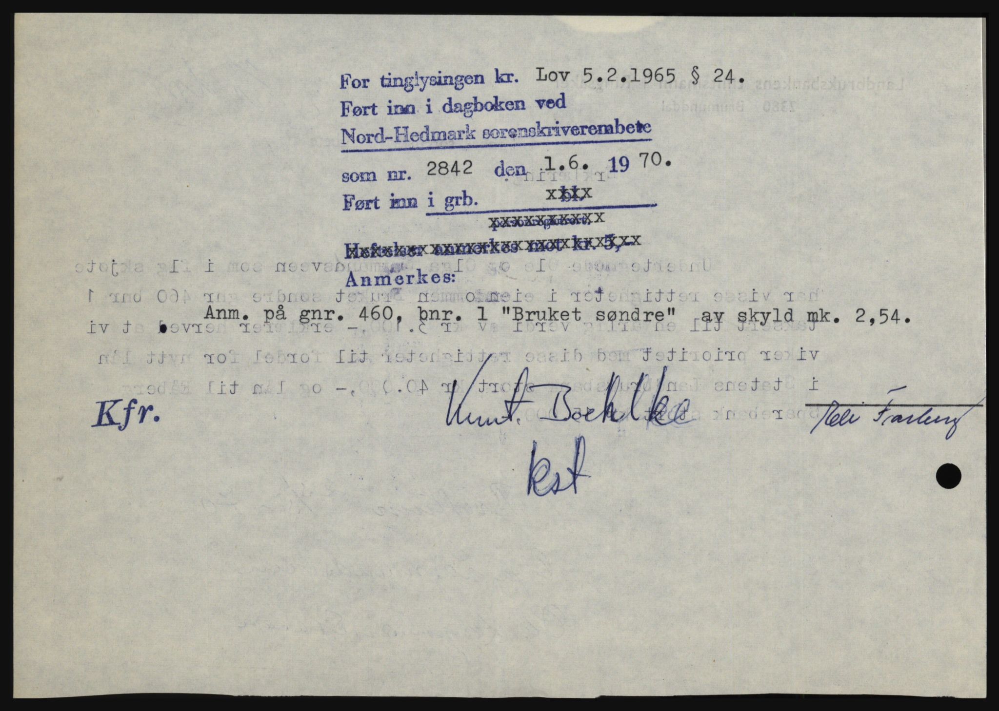 Nord-Hedmark sorenskriveri, SAH/TING-012/H/Hc/L0033: Mortgage book no. 33, 1970-1970, Diary no: : 2842/1970
