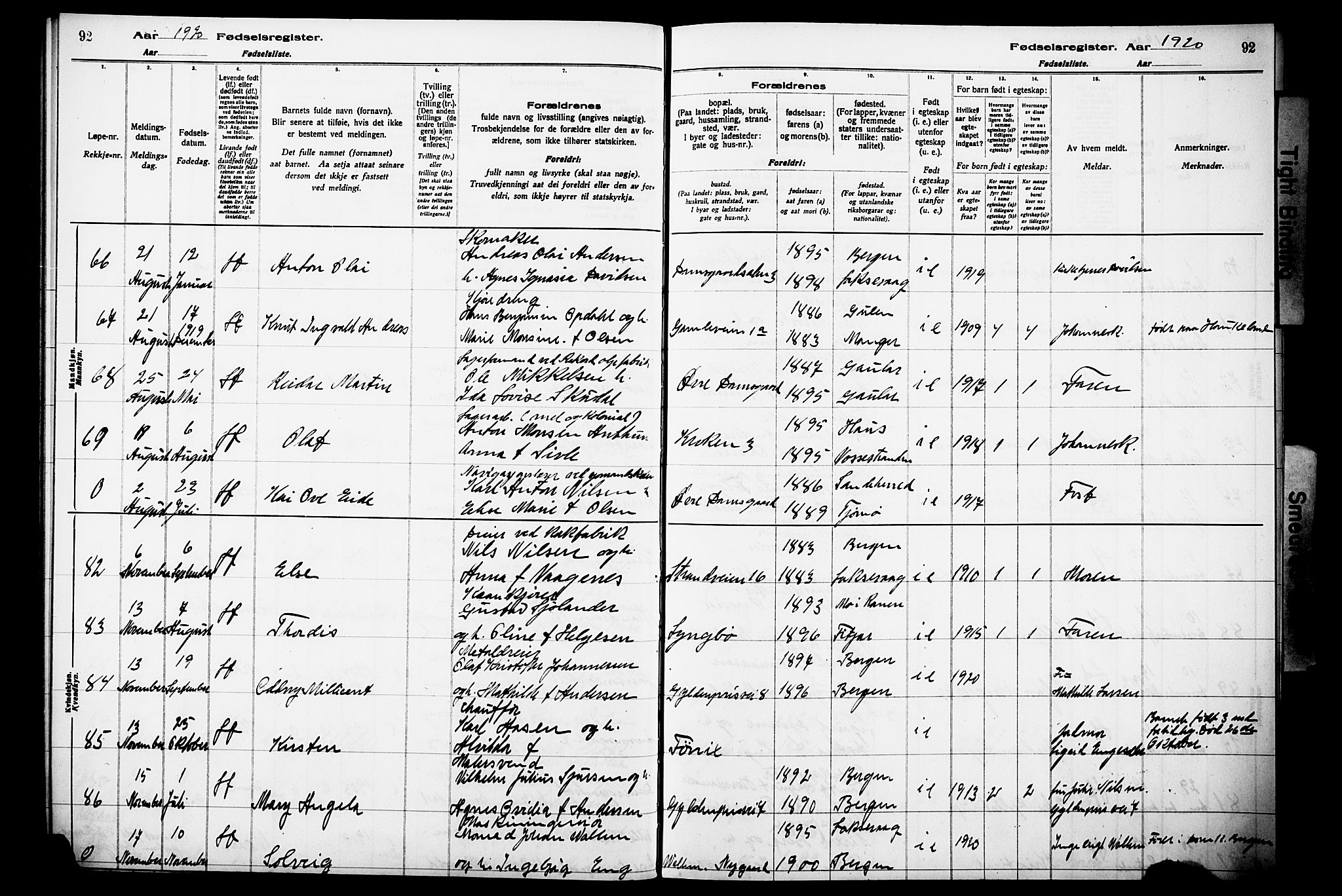 Laksevåg Sokneprestembete, AV/SAB-A-76501/I/Id/L00A1: Birth register no. A 1, 1916-1926, p. 92