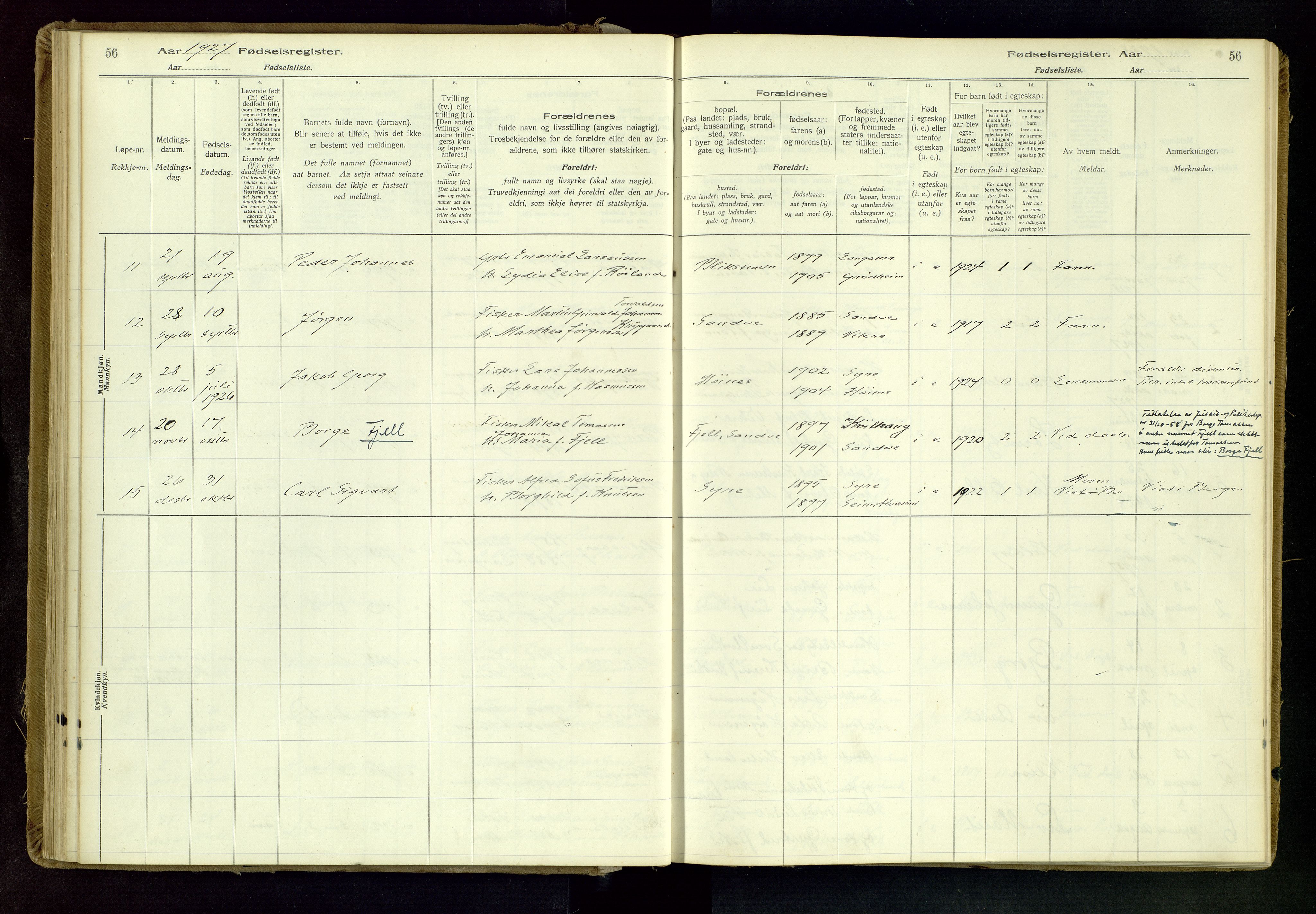 Skudenes sokneprestkontor, AV/SAST-A -101849/I/Id/L0001: Birth register no. 1, 1916-1964, p. 56