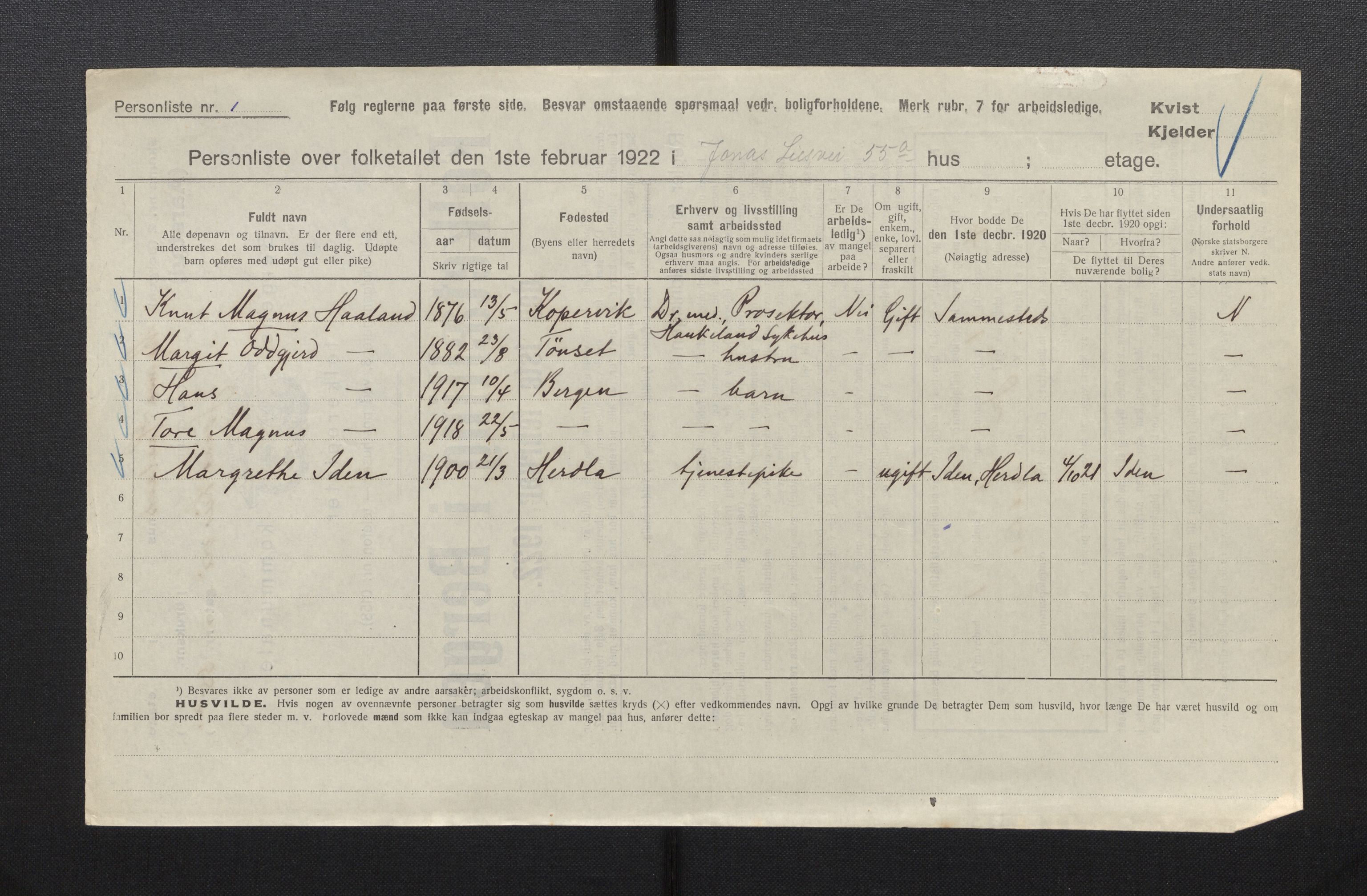 SAB, Municipal Census 1922 for Bergen, 1922, p. 54478