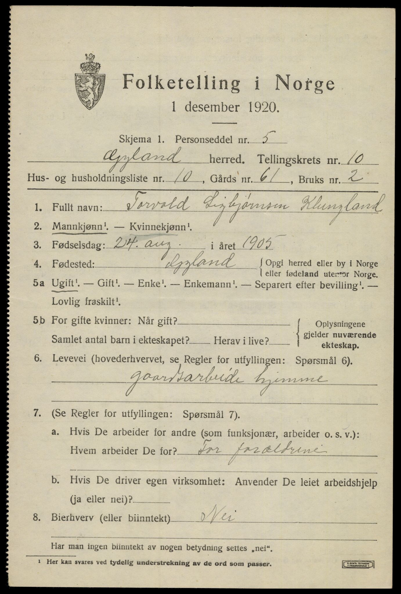 SAK, 1920 census for Gyland, 1920, p. 2298