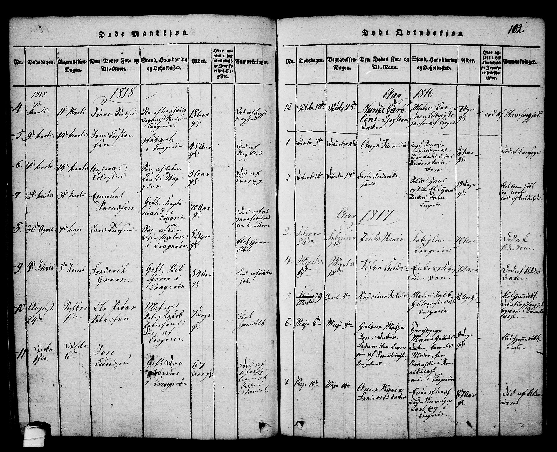 Kragerø kirkebøker, AV/SAKO-A-278/G/Ga/L0002: Parish register (copy) no. 2, 1814-1831, p. 102