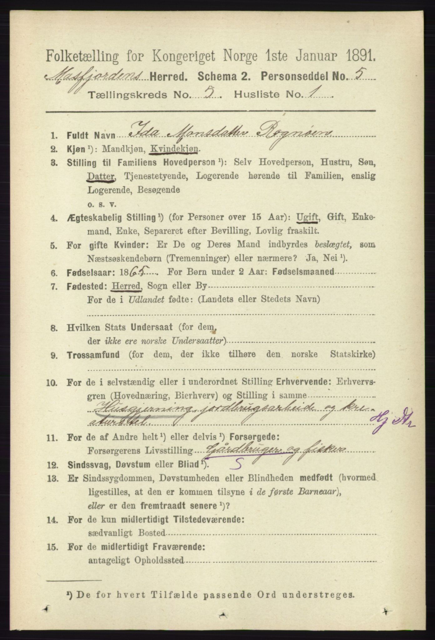 RA, 1891 census for 1266 Masfjorden, 1891, p. 858