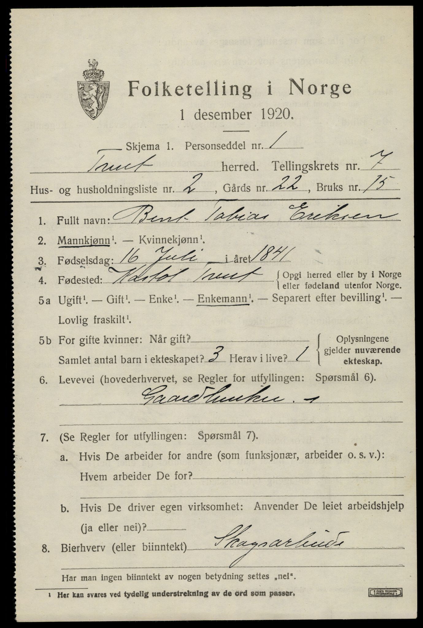 SAK, 1920 census for Tveit, 1920, p. 3206