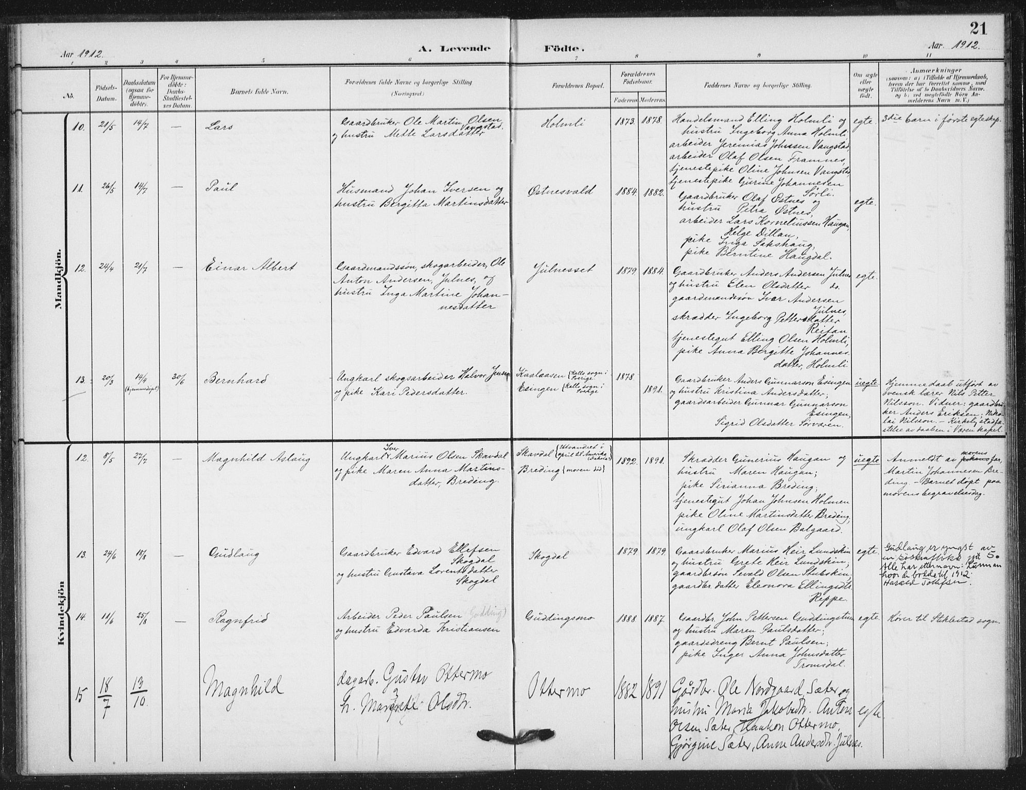 Ministerialprotokoller, klokkerbøker og fødselsregistre - Nord-Trøndelag, AV/SAT-A-1458/724/L0264: Parish register (official) no. 724A02, 1908-1915, p. 21