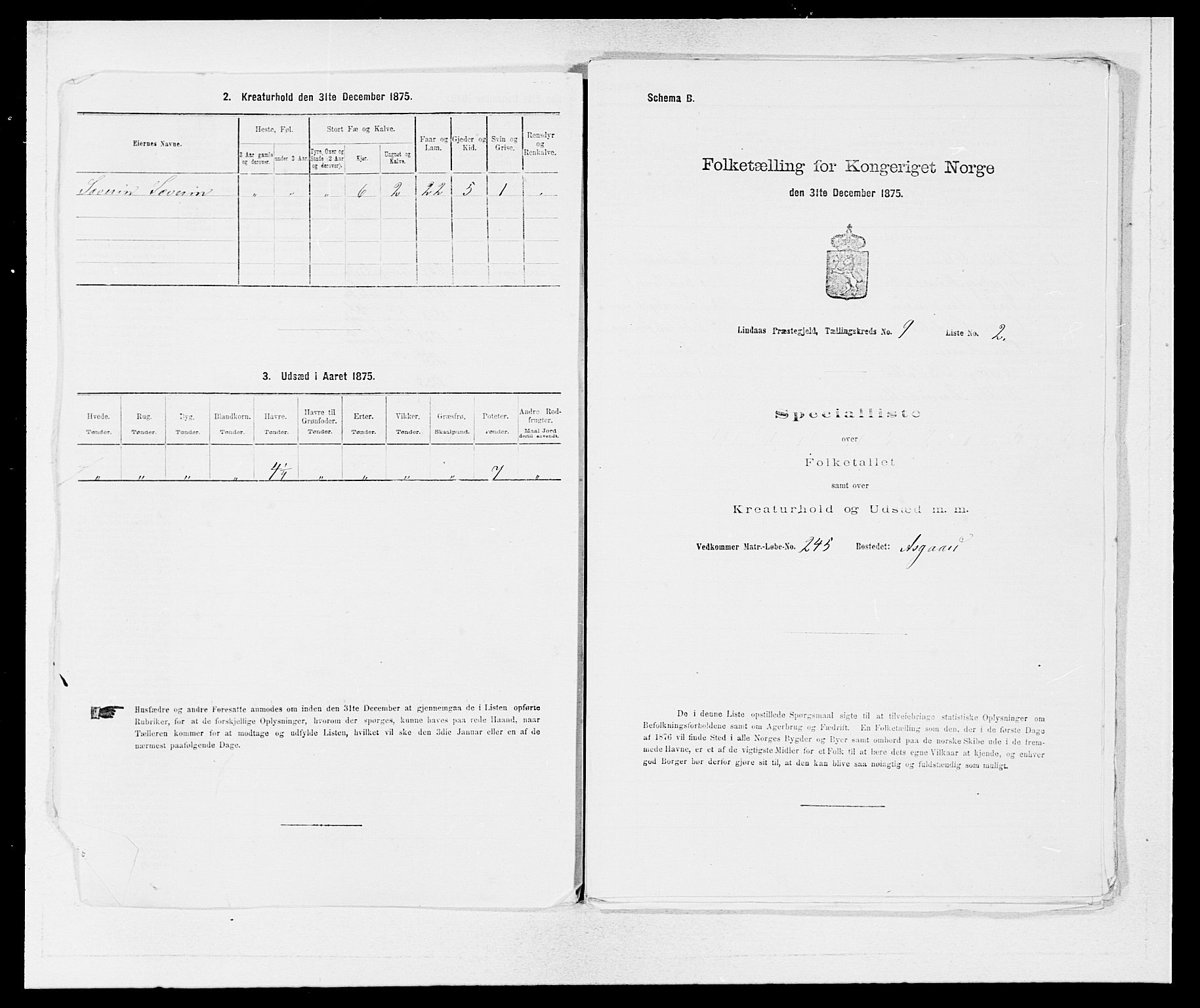 SAB, 1875 census for 1263P Lindås, 1875, p. 820