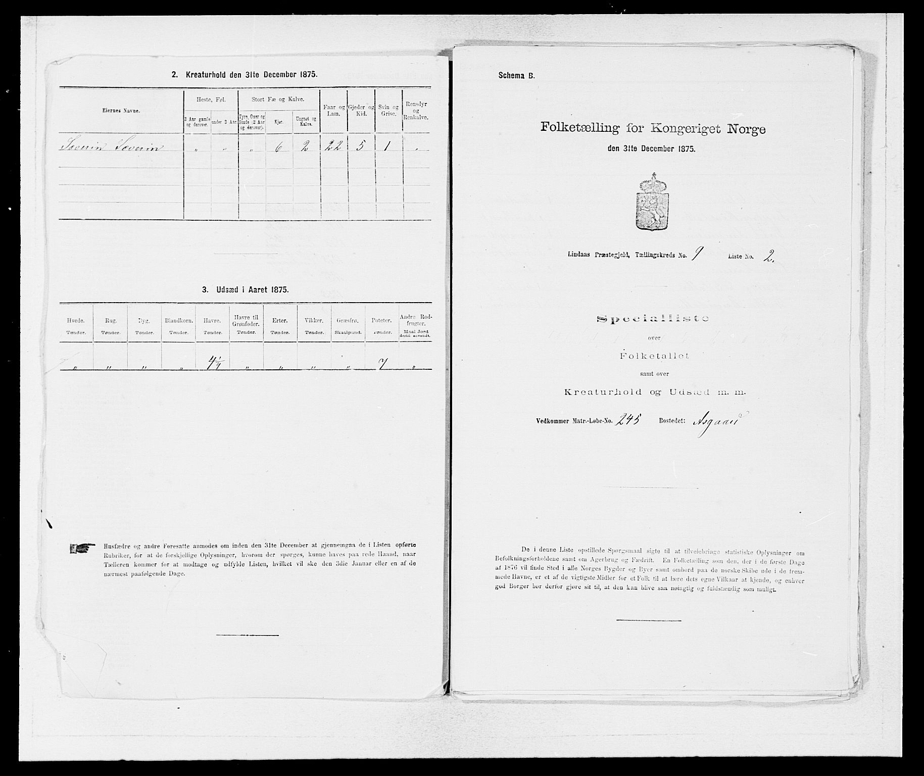 SAB, 1875 census for 1263P Lindås, 1875, p. 820