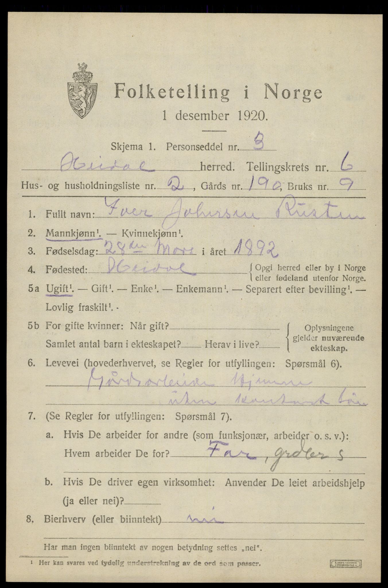 SAH, 1920 census for Heidal, 1920, p. 2798